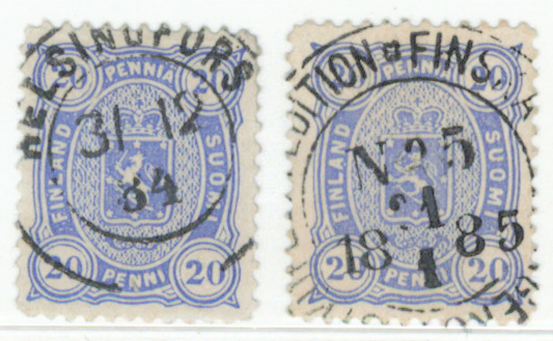 20 penni grayish ultramarine, two almost superb cancelled stamps