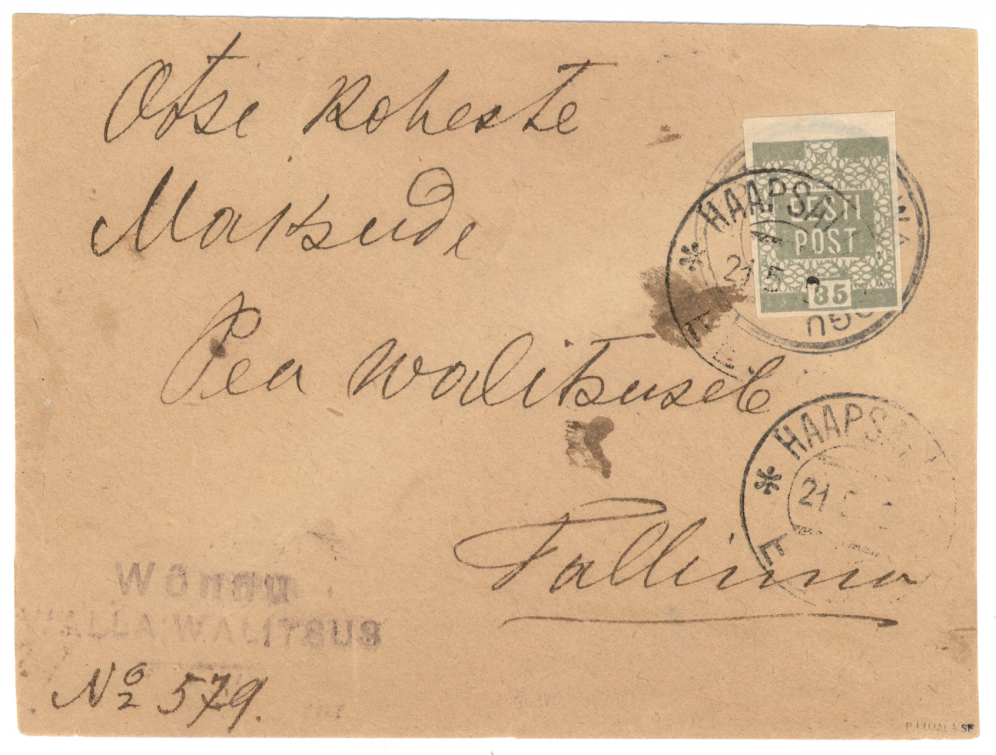 1919 Flower design 35 penni olive-grey Mi 3d, single franking on a