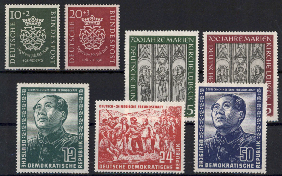 West Germany Mi 121-122 and 139-140 as well as East Germany Mi 286-288