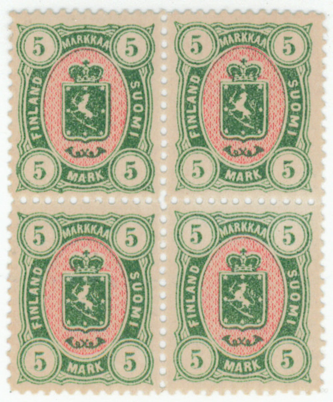 5 markka green/red magnificent block of four, where two of the stamps