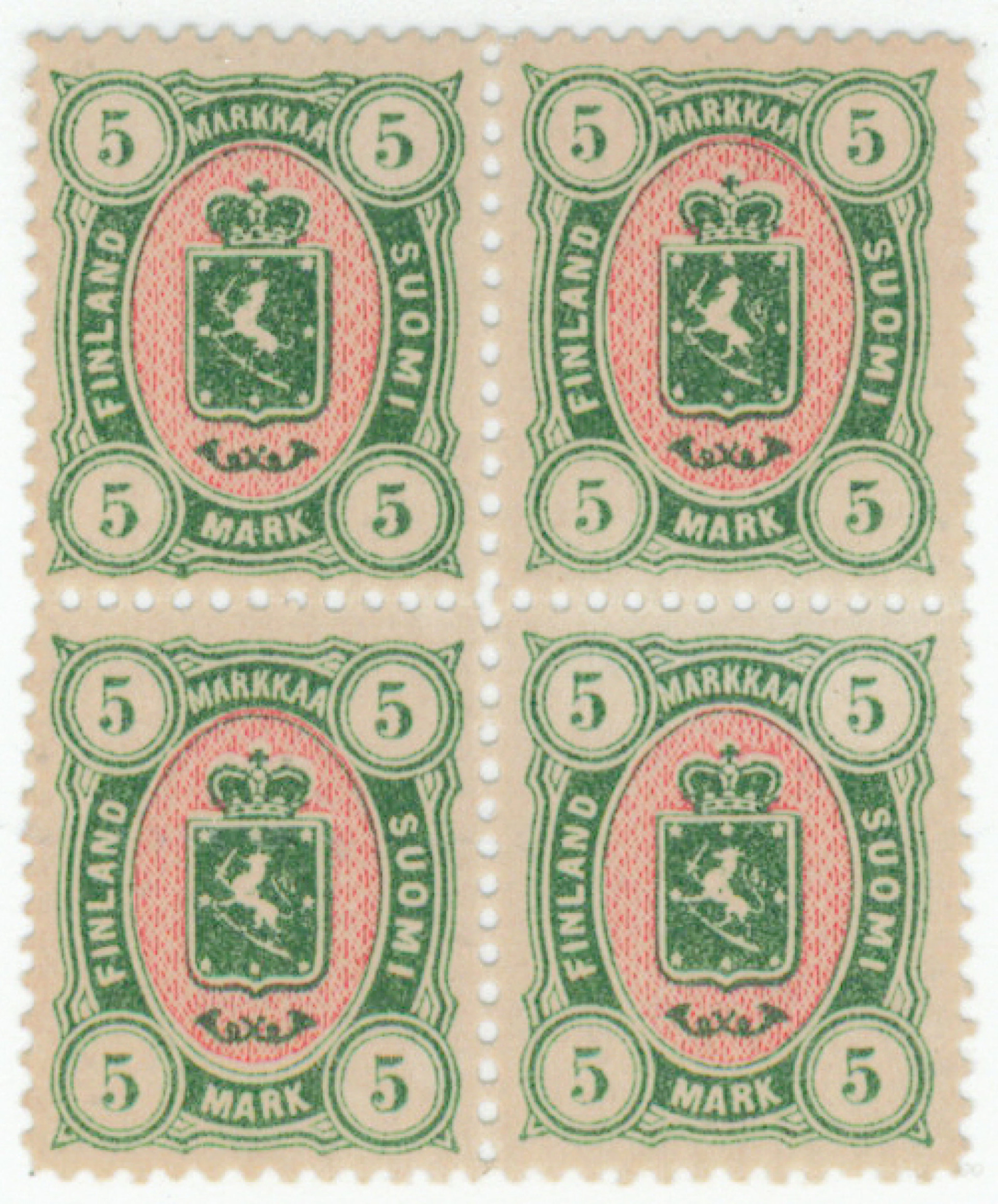 5 markka green/red magnificent block of four, where two of the stamps