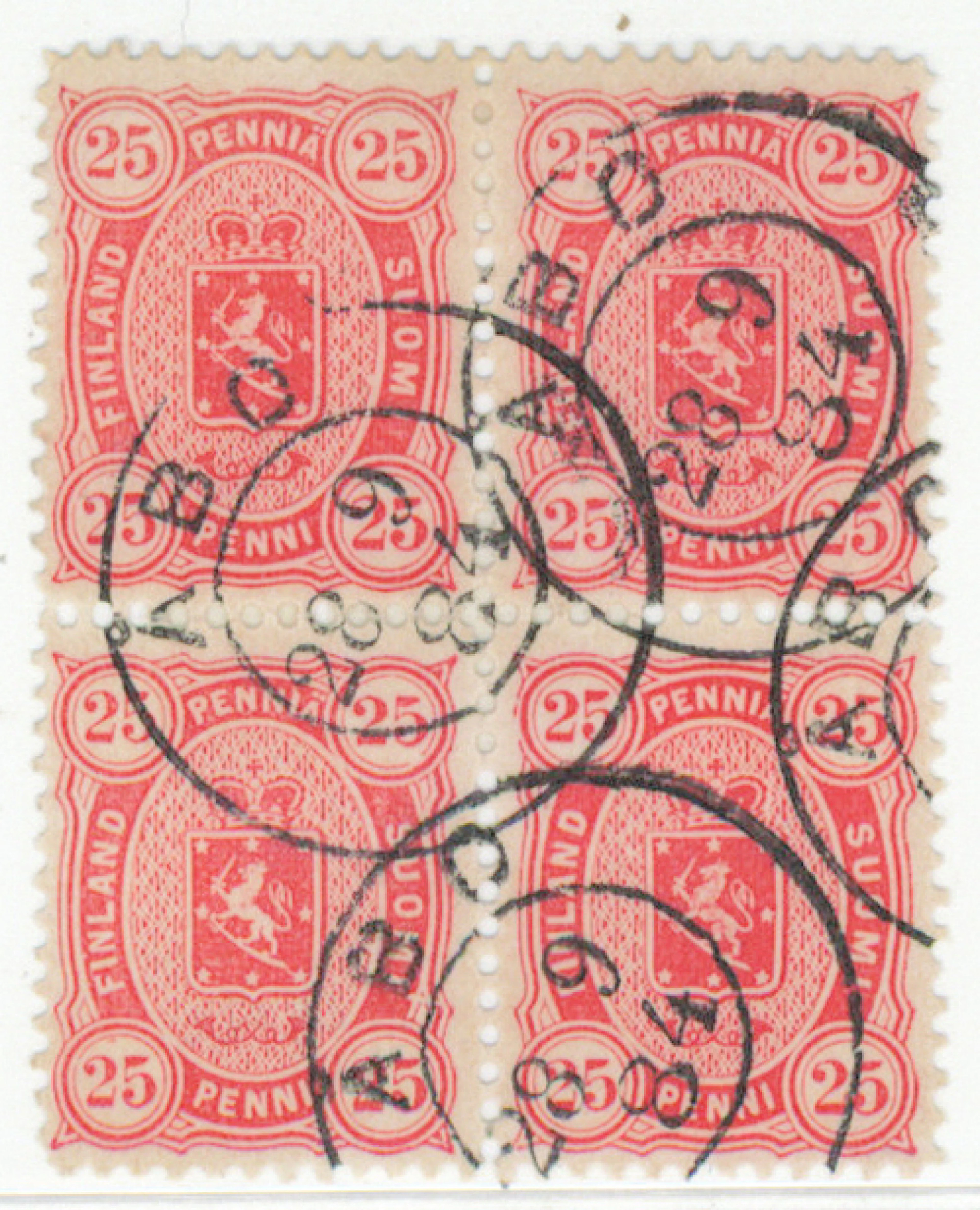 25 penni grayish red block of four Åbo 28.9.1884. The largest known