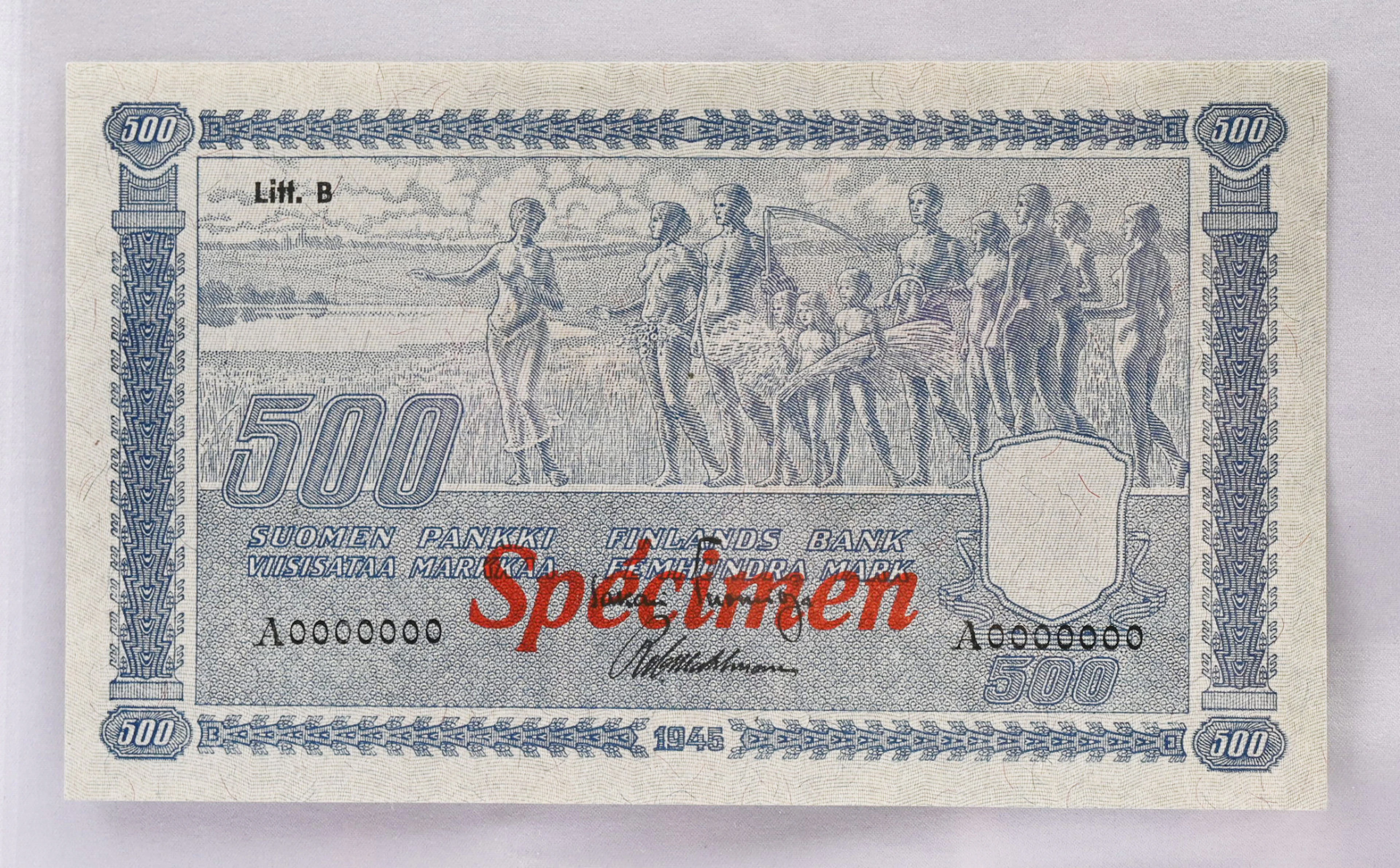 1945 500 markka Litt. B Specimen banknote! Condition 0-