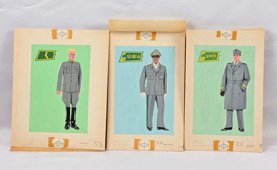 Nine original drawings from a label set introducing army uniforms