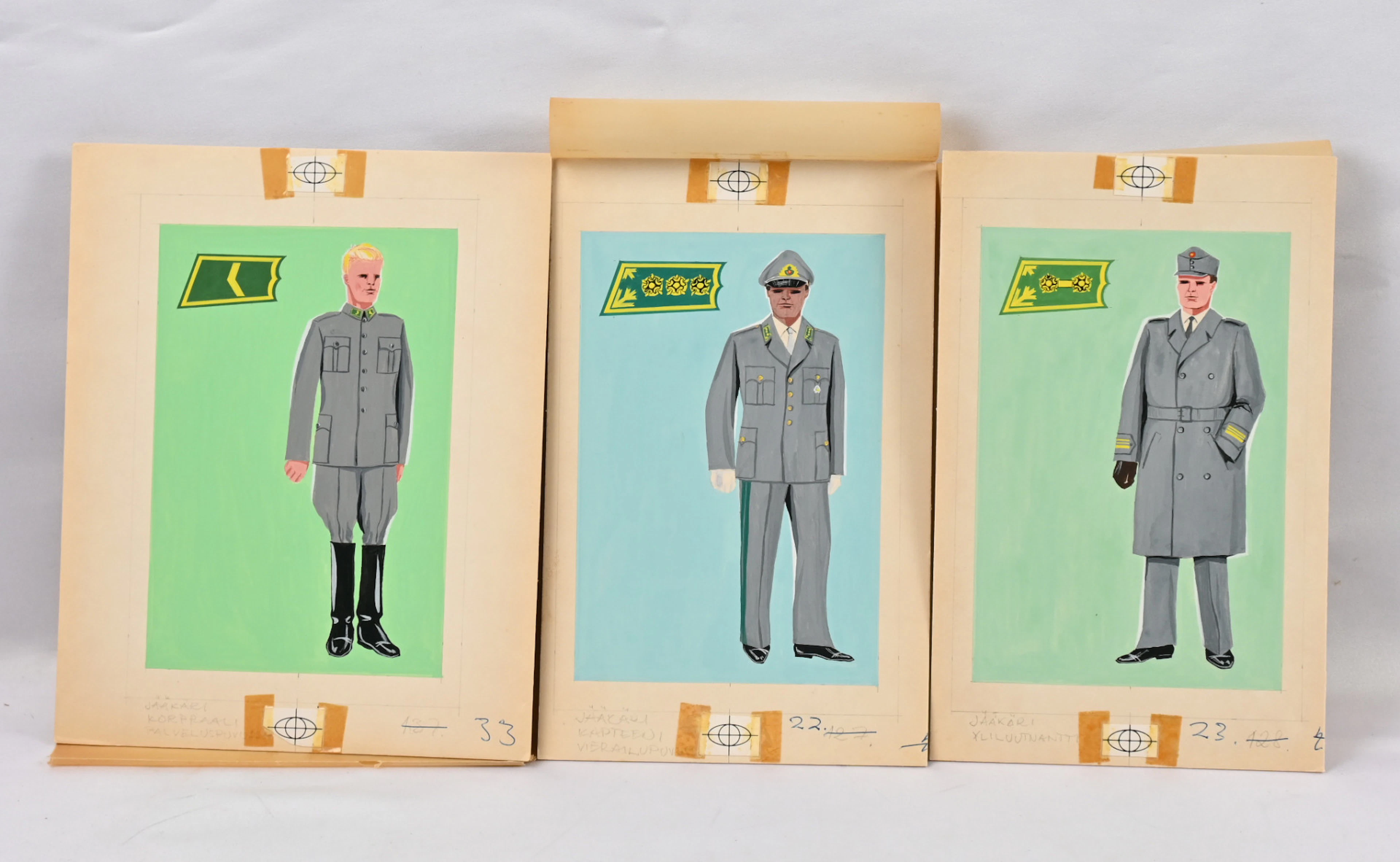Nine original drawings from a label set introducing army uniforms