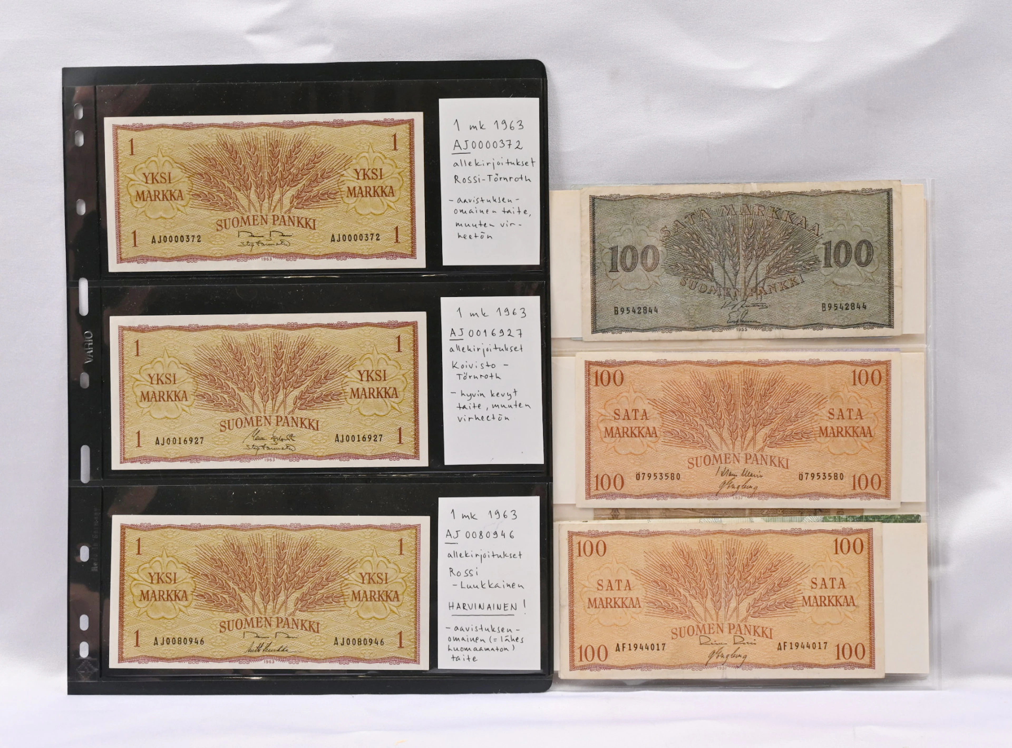 Small selection of banknotes, including eg. 1963 1 markka Rossi-Luukkainen