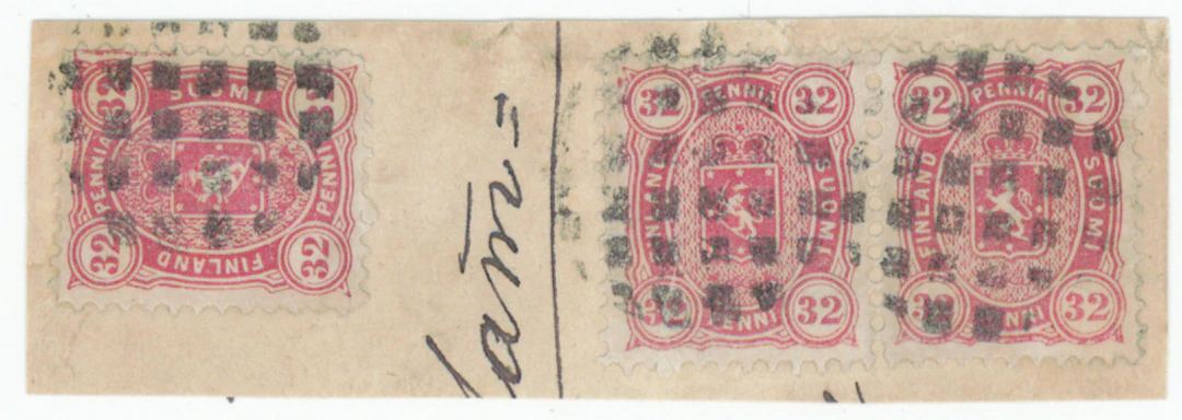 32 penni carmine, three stamps (pair + single stamp) on a fragment