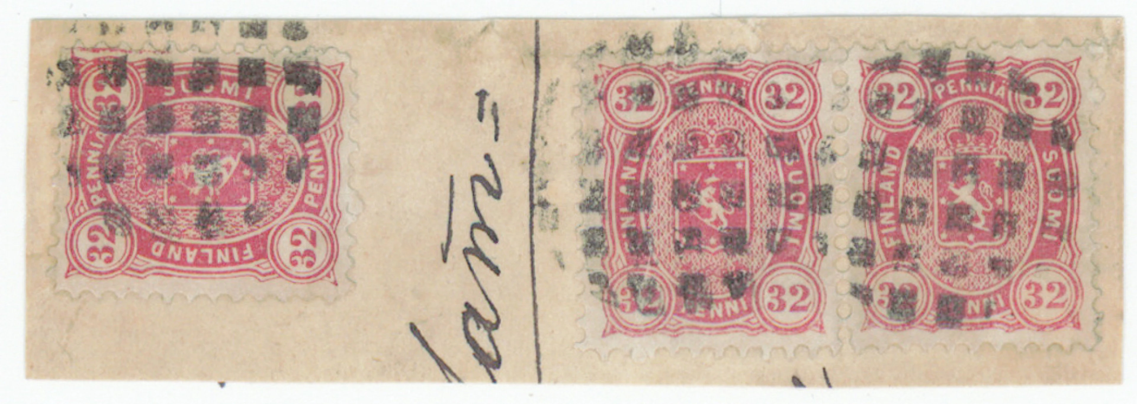 32 penni carmine, three stamps (pair + single stamp) on a fragment