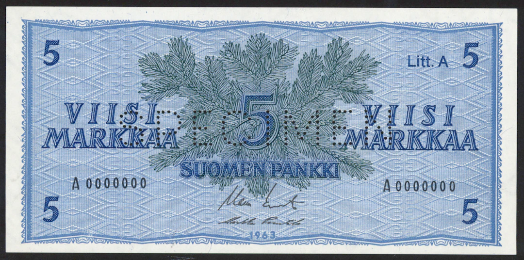 1963 5 markka Litt. Specimen perfin banknote! Condition 0-