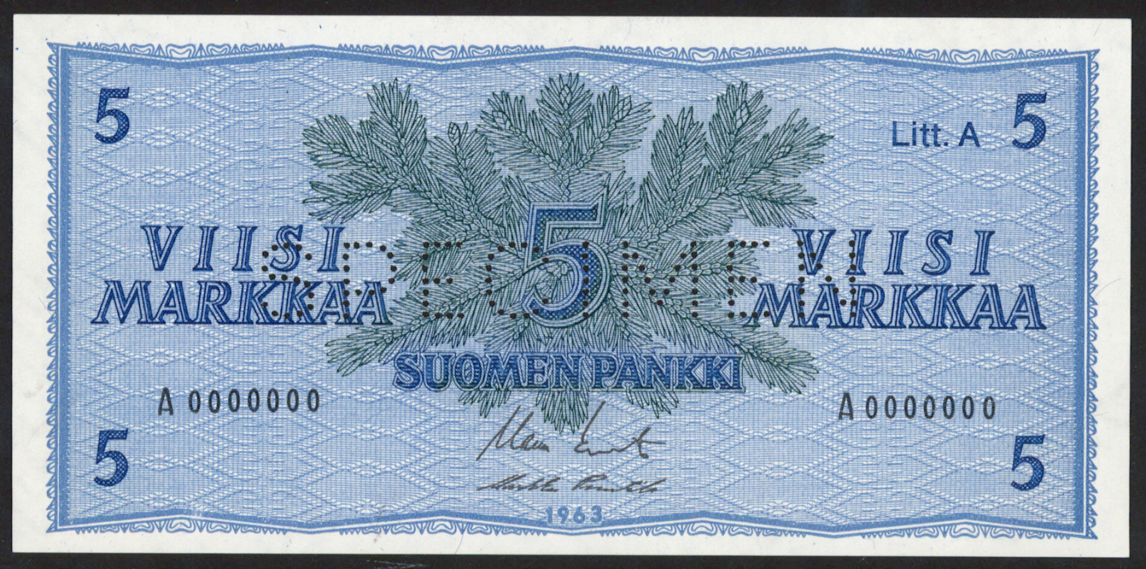 1963 5 markka Litt. Specimen perfin banknote! Condition 0-