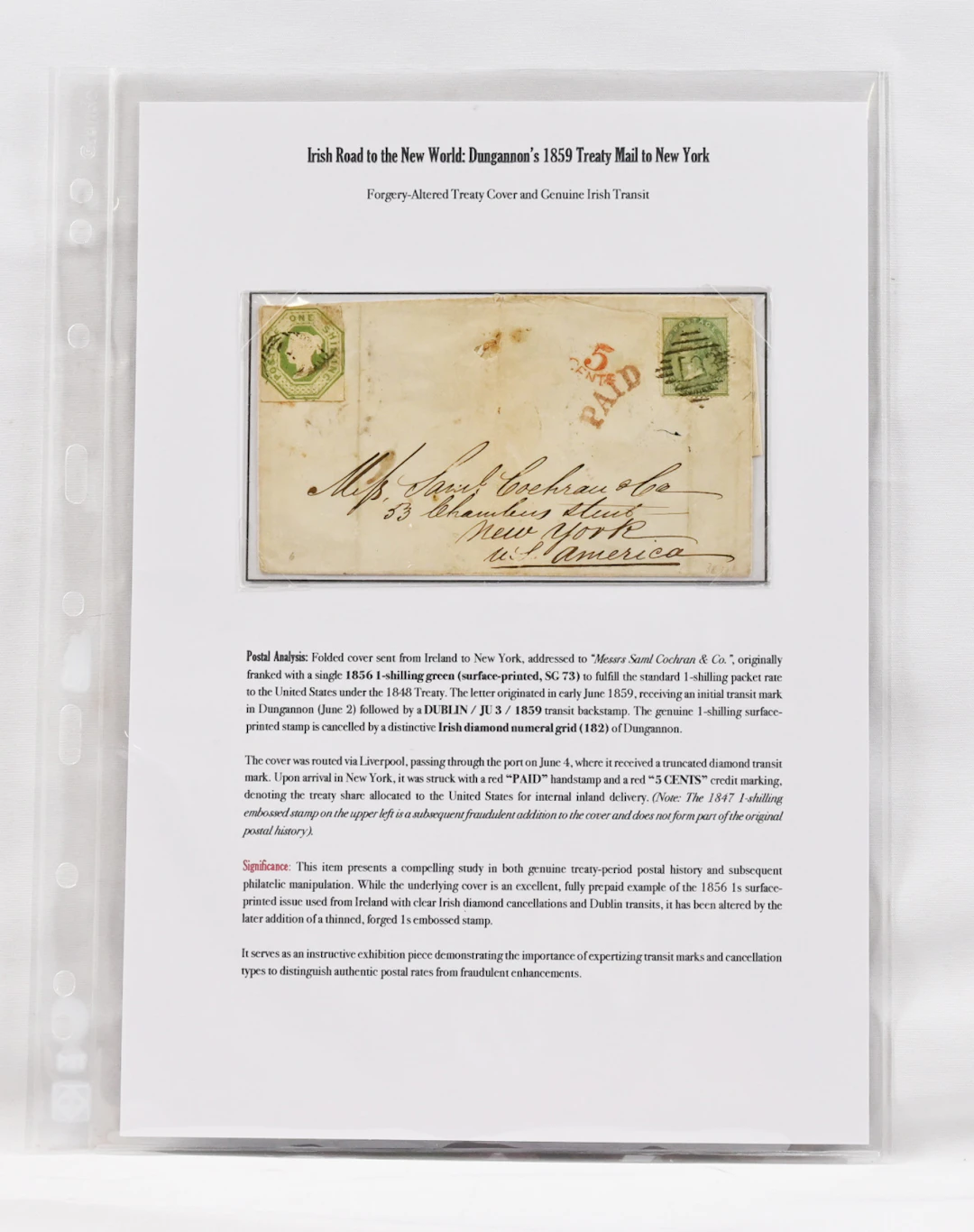 1859 postal item from Ireland to New York, franked with a 1 shilling