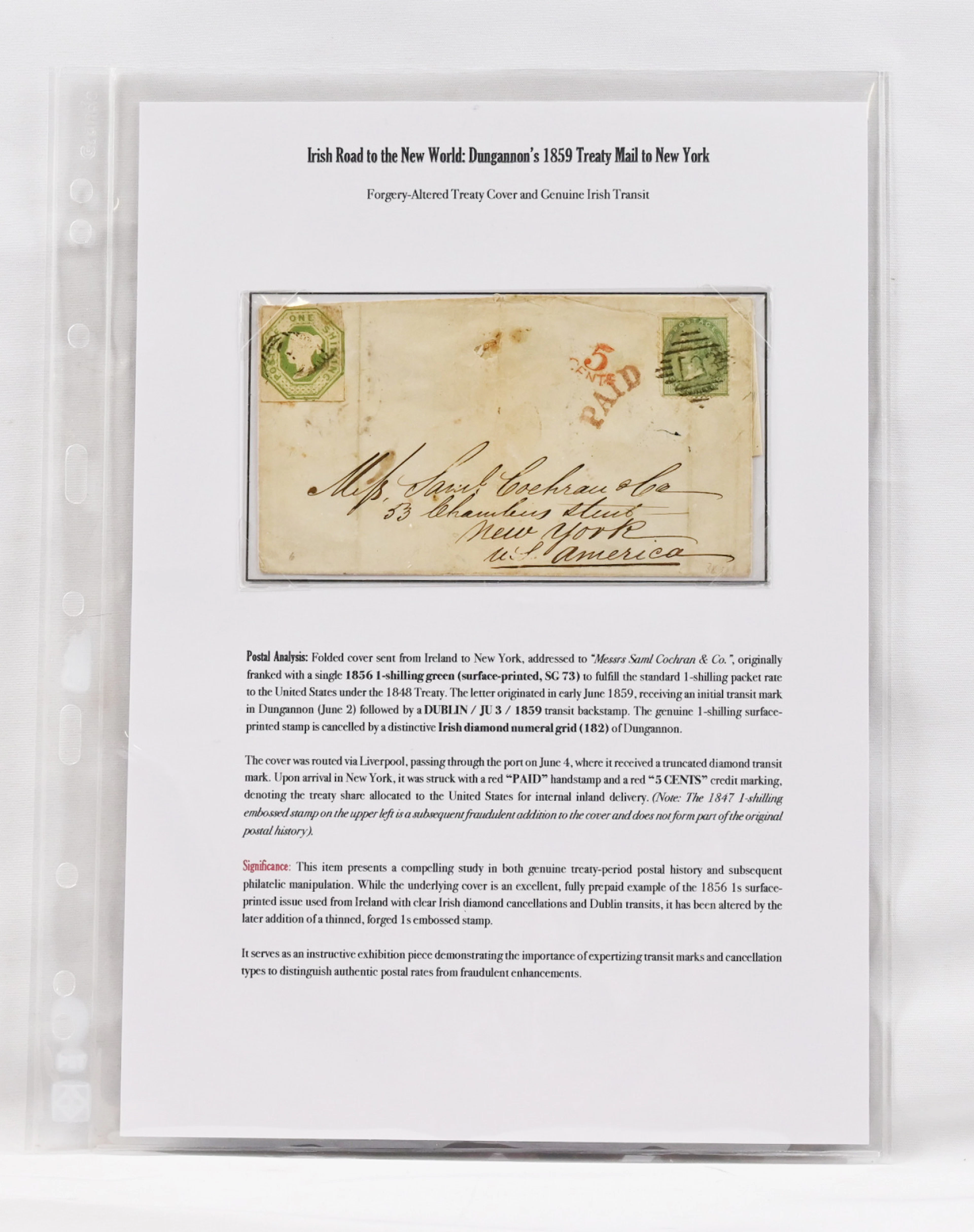 1859 postal item from Ireland to New York, franked with a 1 shilling