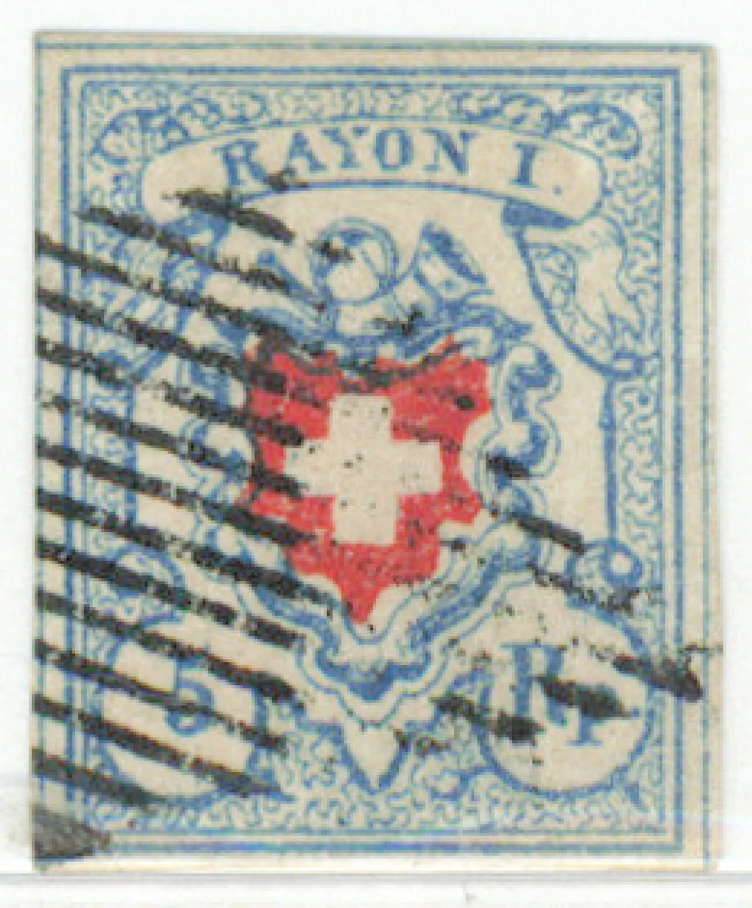 Rayon I 1851 5 Rappen light blue/red Mi 9 II (Zumstein 17 II) cross