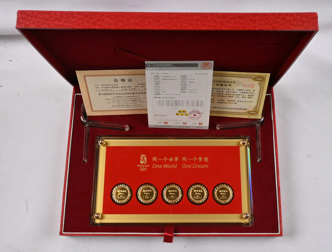 China, Beijing 2008 Olympics gold-plated commemorative medal set.