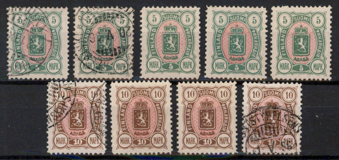 5 markkaa and 10 markkaa selection of nine stamps, used and mint *.