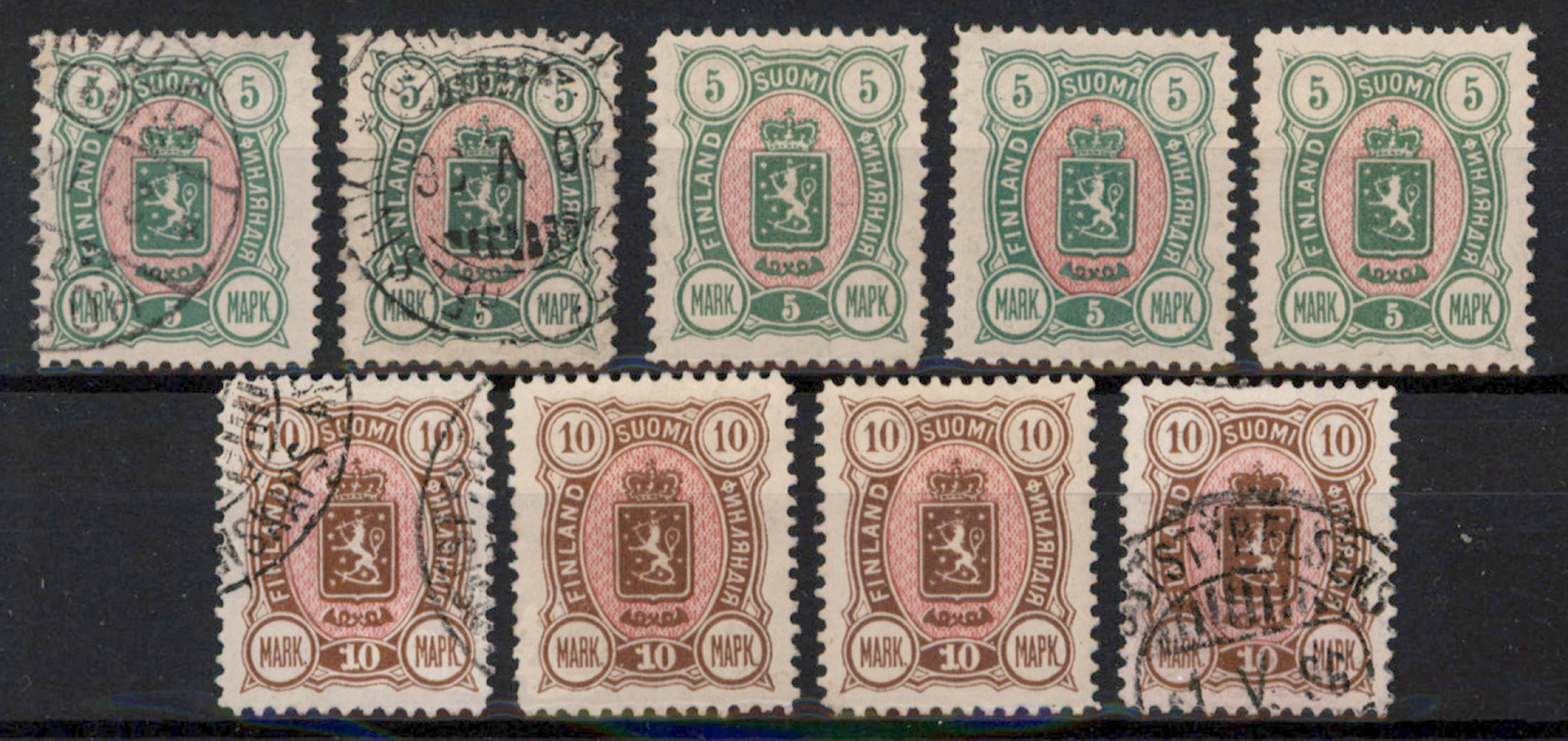 5 markkaa and 10 markkaa selection of nine stamps, used and mint *.