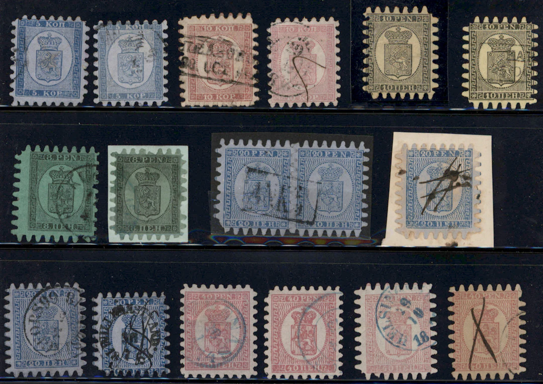 1860 - 1866 17 serpentine rouletted stamps 5 kopek - 40 penni. In
