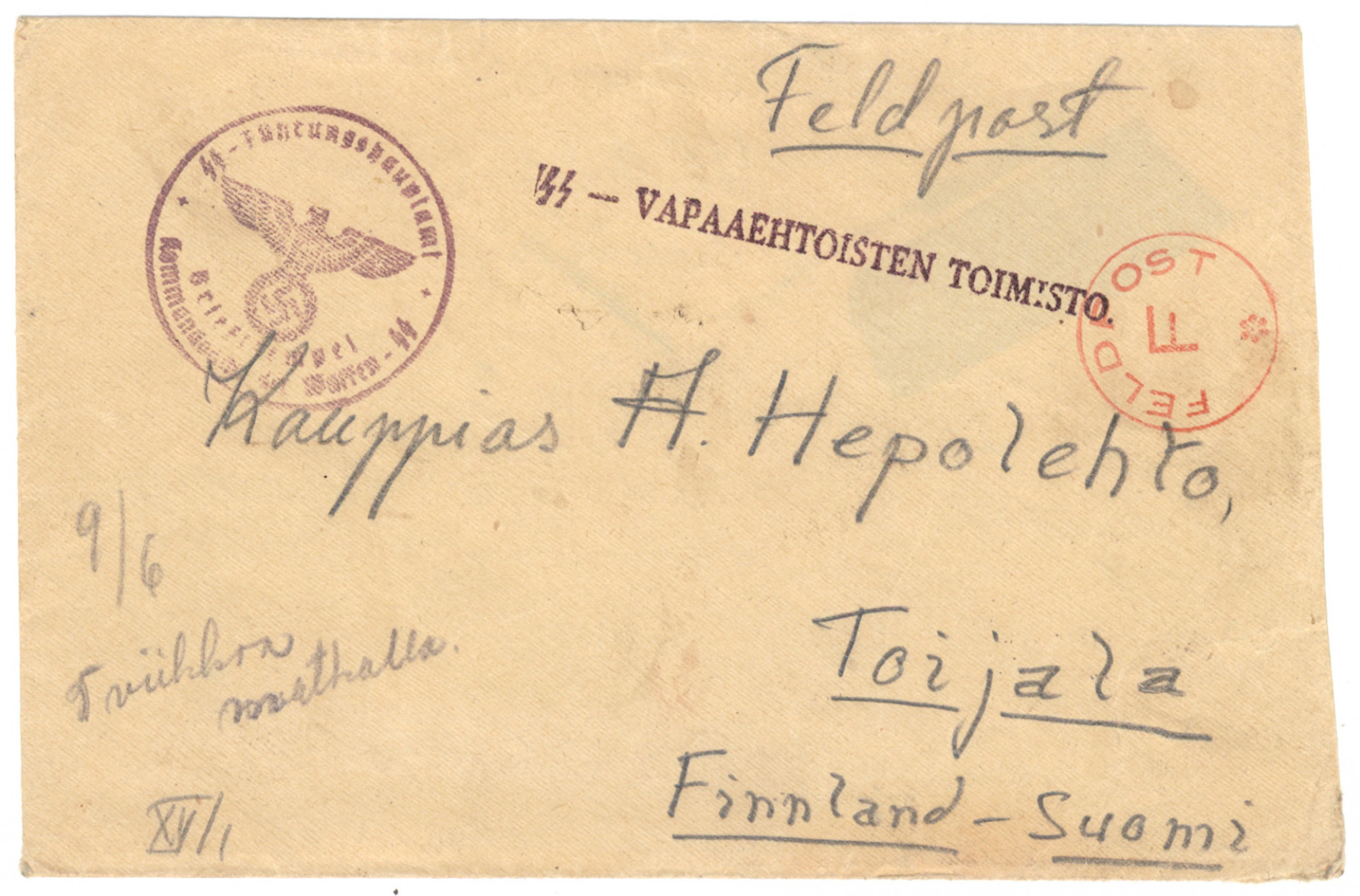 SS volunteer mail: letter from a man in the battalion to Finland