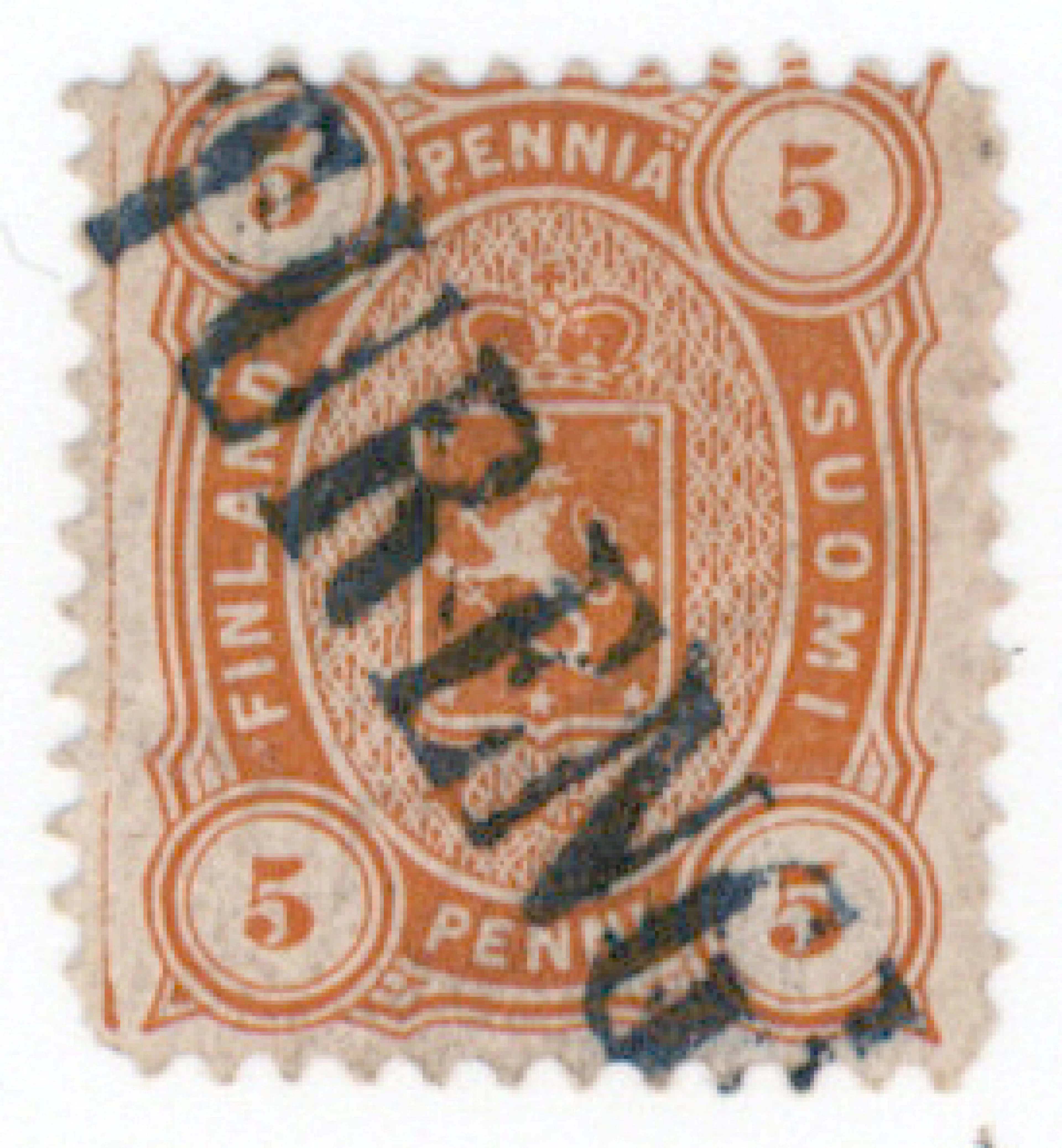 5 penni orange perforation 12½ with a fine railway cancellation TURENGI.
