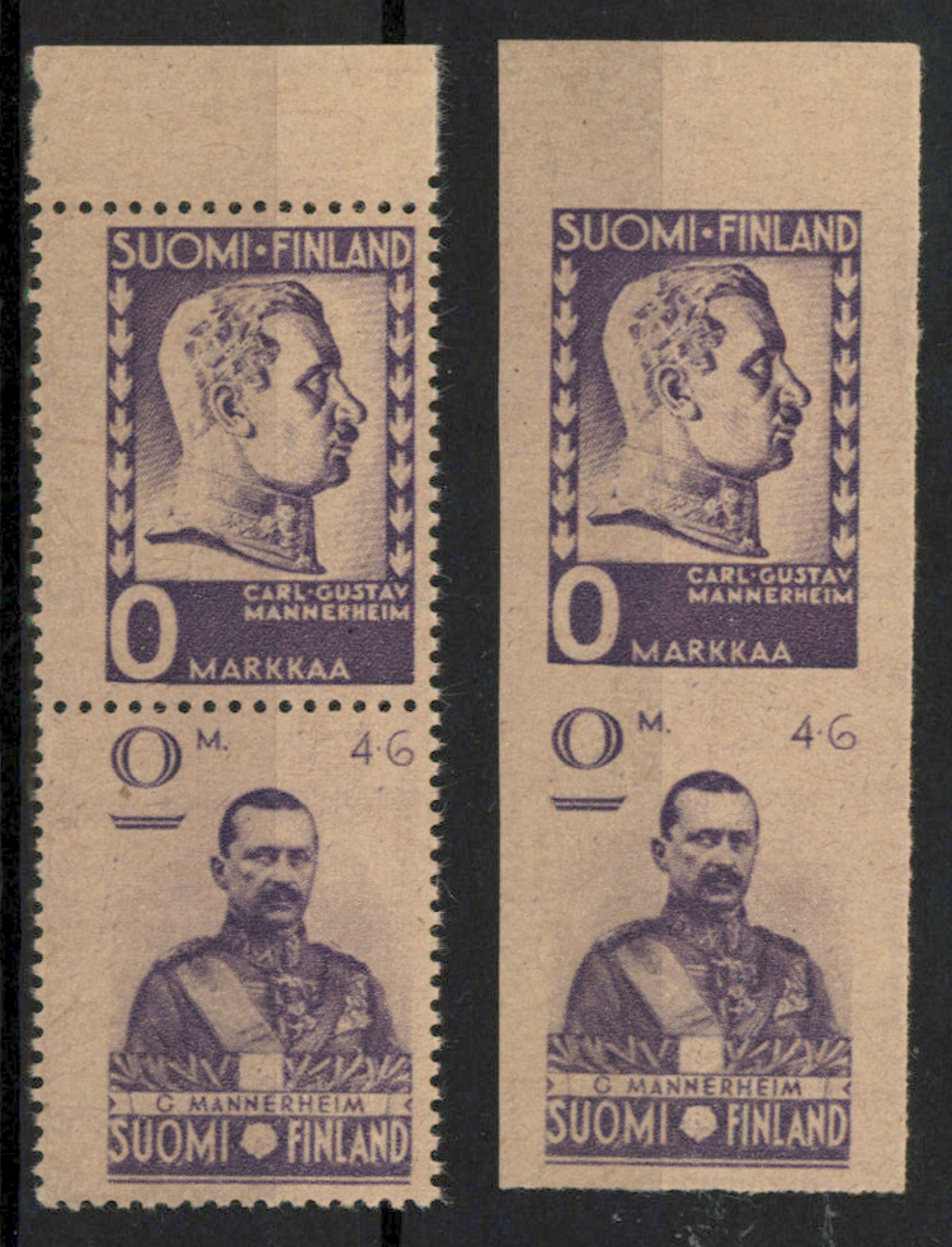 1937 Mannerheim, perforated and imperforate essay pairs on gray paper