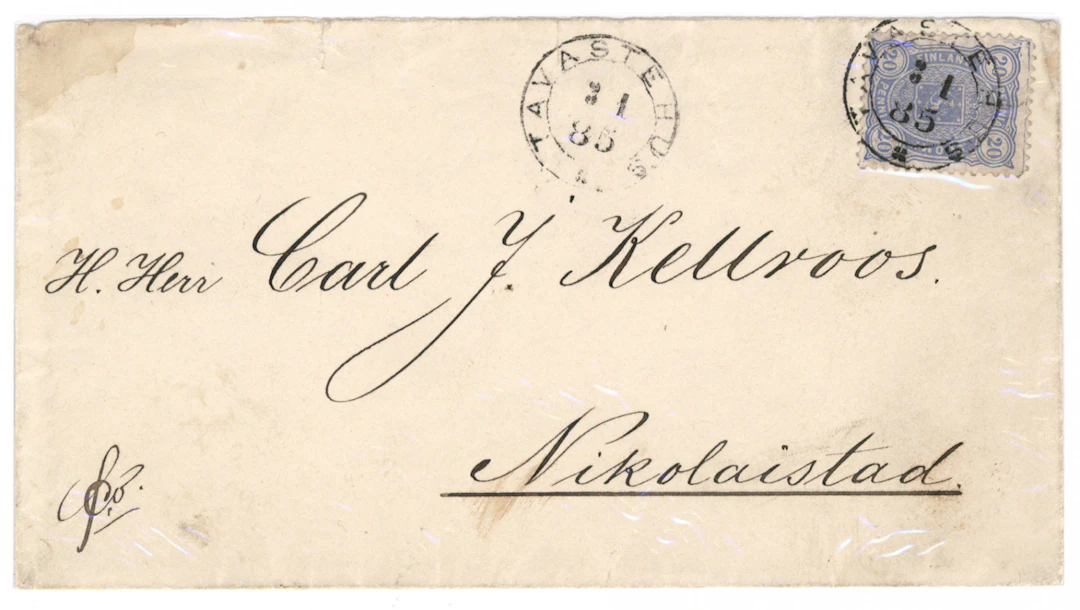 20 penni ultramarine on a cover Tavastehus 3.1.1885 meaning three