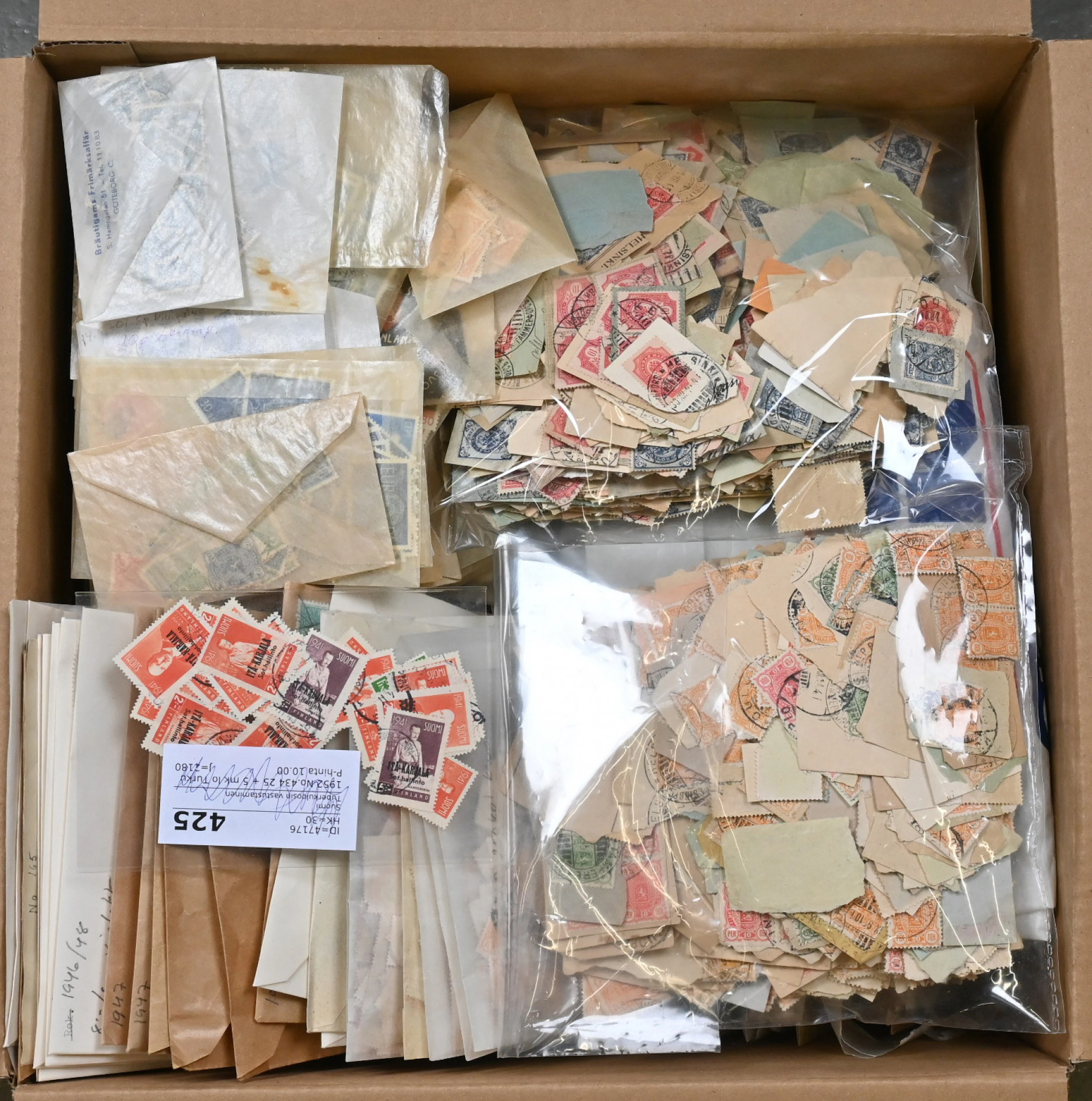 Approximately 4½ KG of bagged Finnish loose bulk stamps starting from