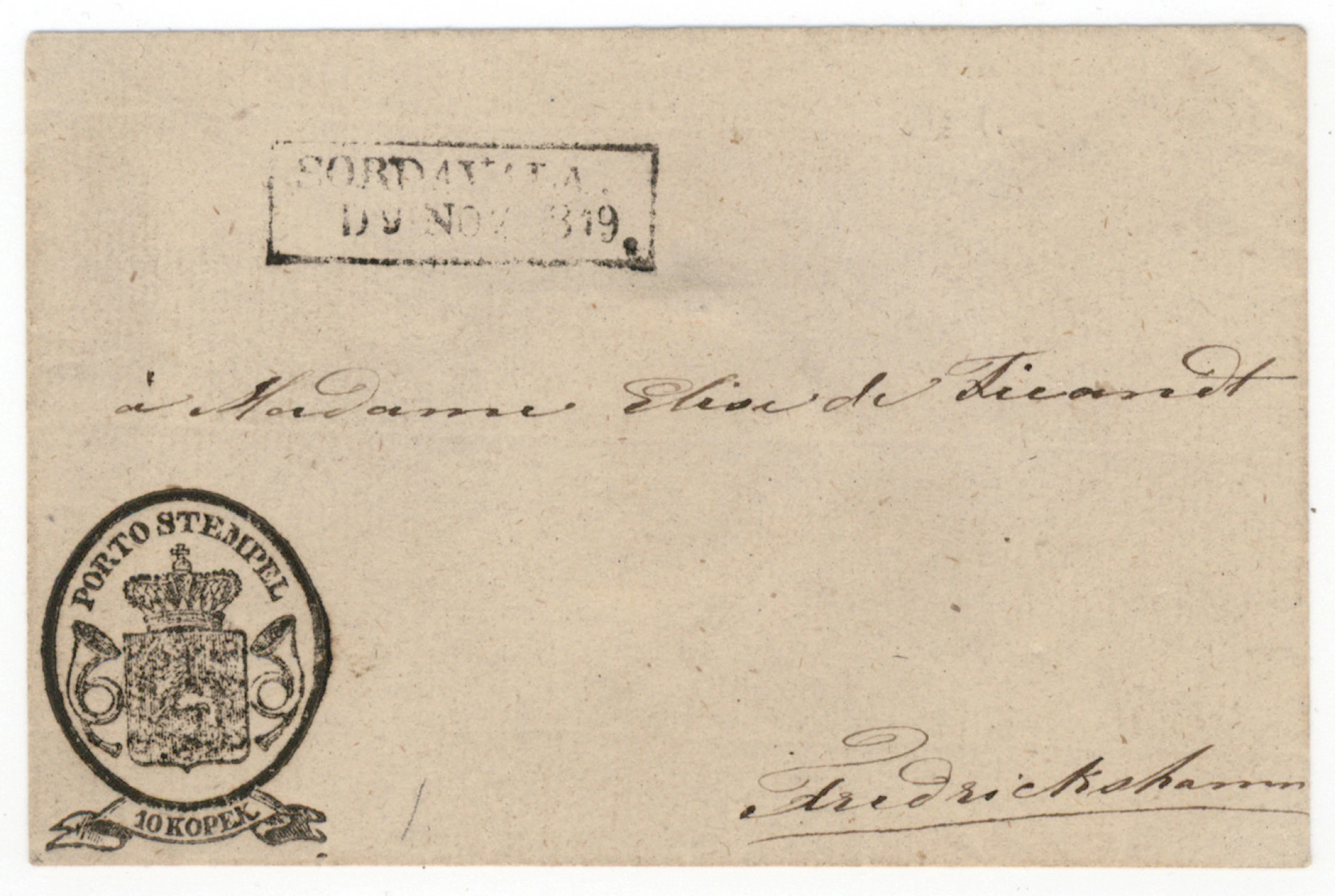 1845 Porto Stempel 10 kopek type III, laid paper, fine Sordavala 1849