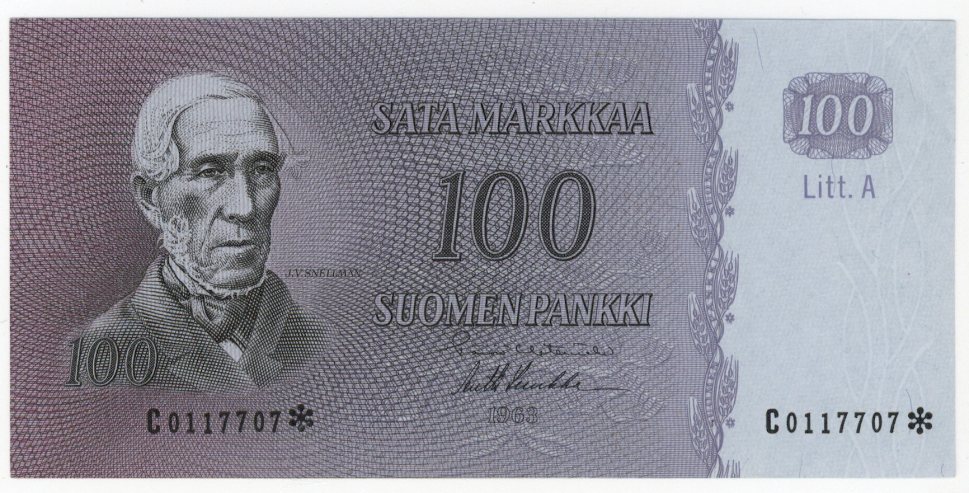 1963 100 markka Litt.A replacement banknote C0117707* condition 01