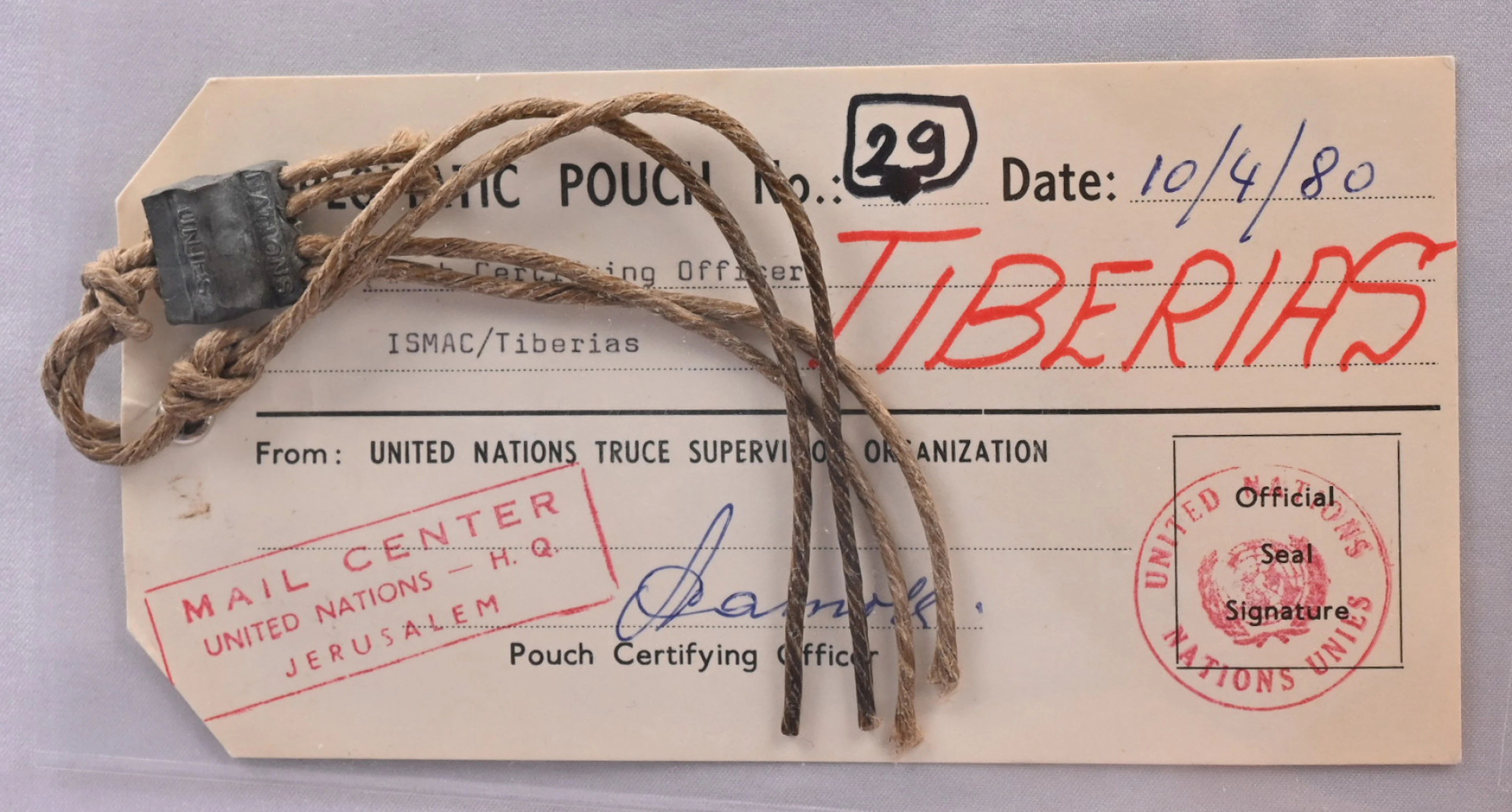 UN diplomatic mail bag tag with seals Jerusalem - Tiberias 1980. Rare!