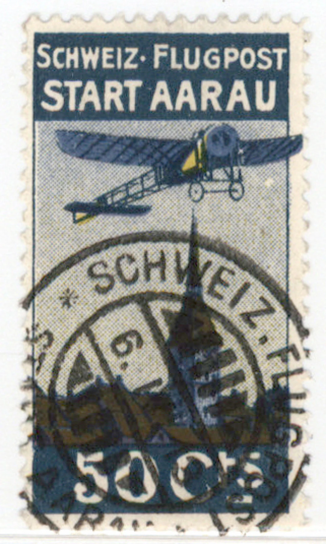 1913 Forerunners of airmail stamps 50 c Aarau Mi I, beautifully cancelled
