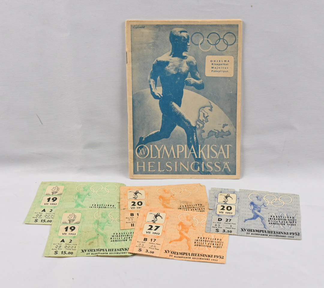 Olympics, program of the 1952 Games and 12 tickets, part of which
