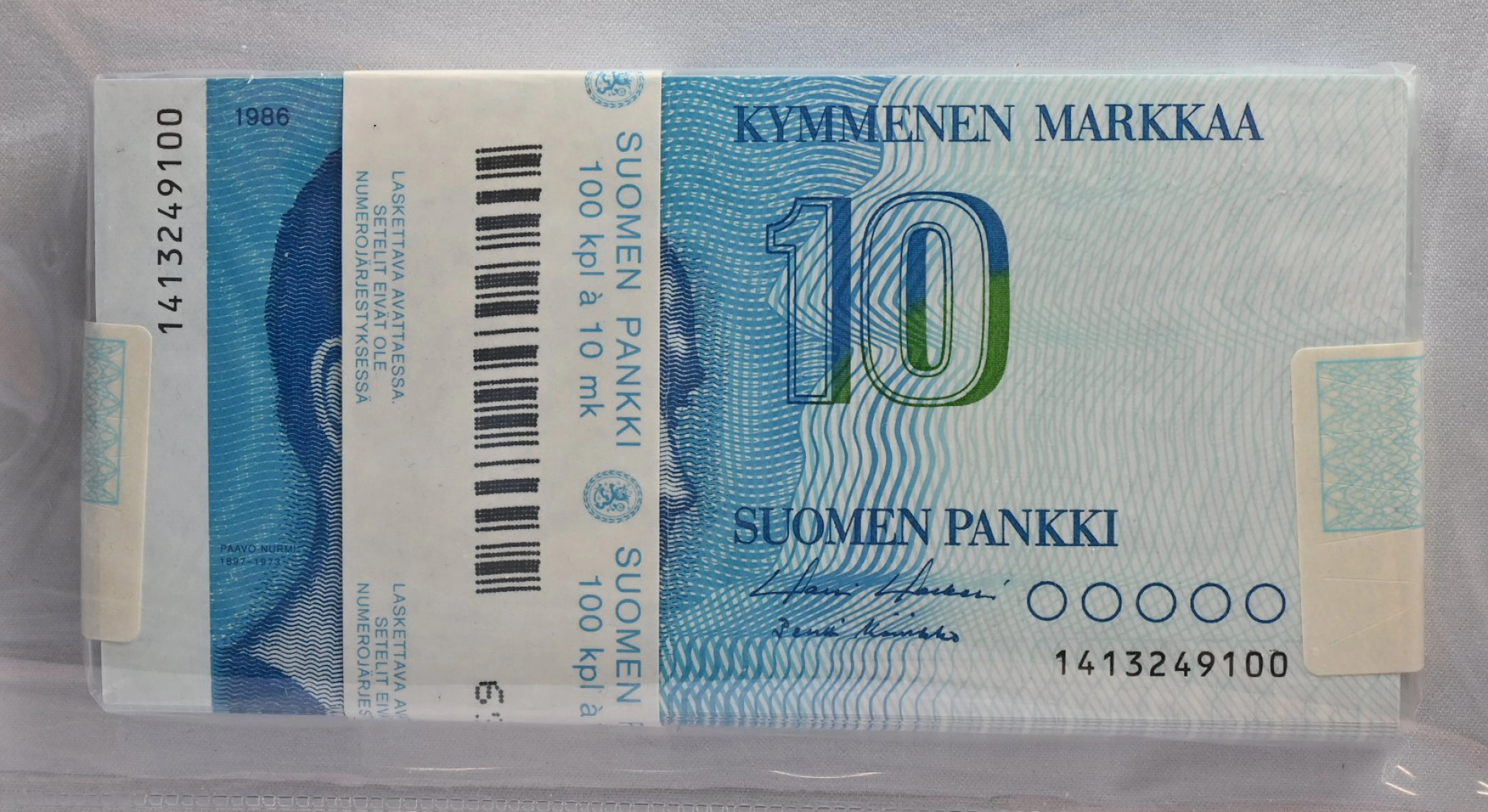 1986 10 markka HOL / Ko2, 1413 series. Unopened Bank of Finland bundle