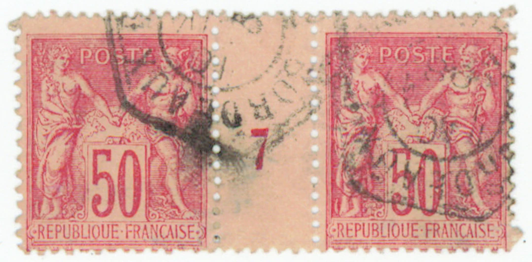 1886 Allegory 50 c carmine Mi 81, used rare gutter pair (Millésime).