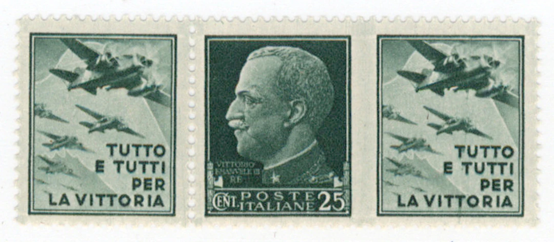 1942 War propaganda 25c green (Mi 248), strip of three with propaganda