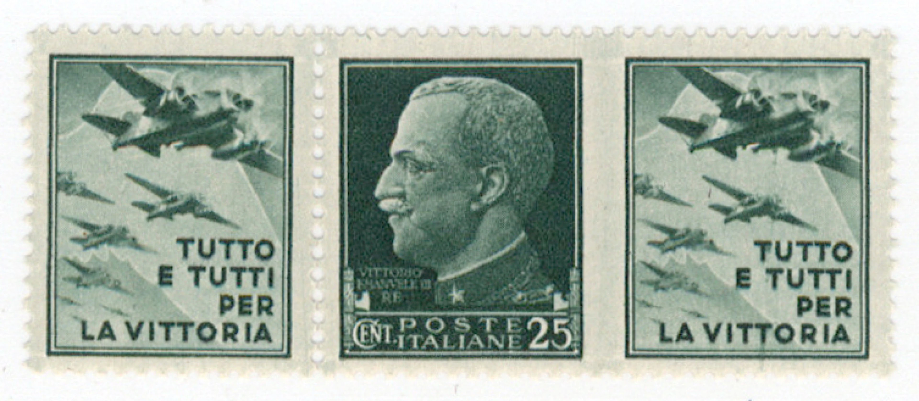 1942 War propaganda 25c green (Mi 248), strip of three with propaganda