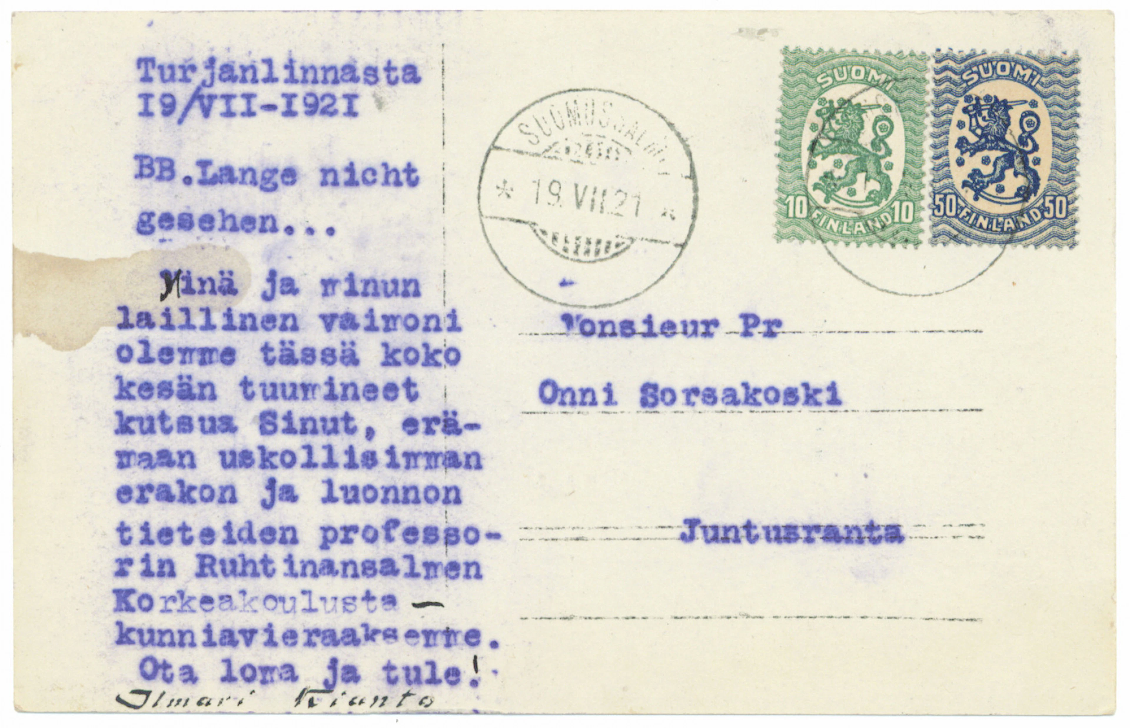 Ilmari Kianto on a postcard 1921.
