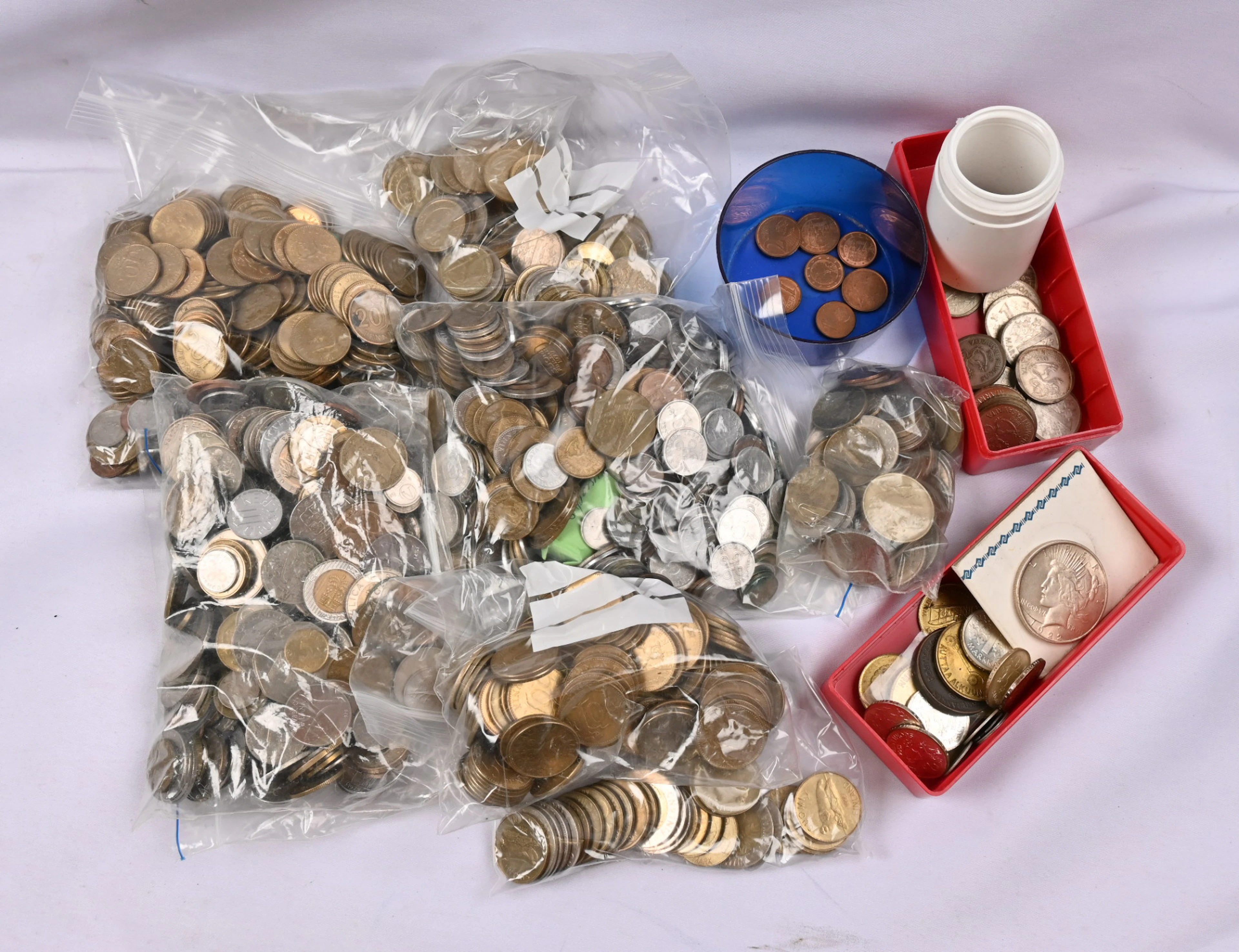 Finnish coins ca. 3½ KG and foreign coins ca. 1½ KG including some