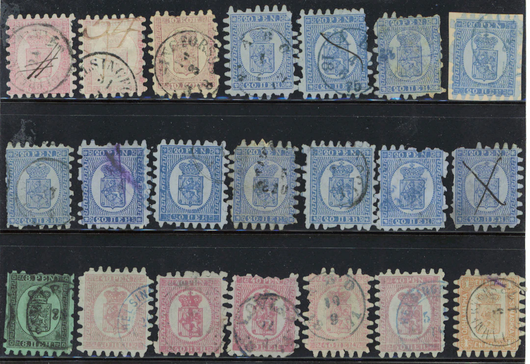 1860 - 1866 damaged serpentine rouletted stamps 21 pieces for reference/research