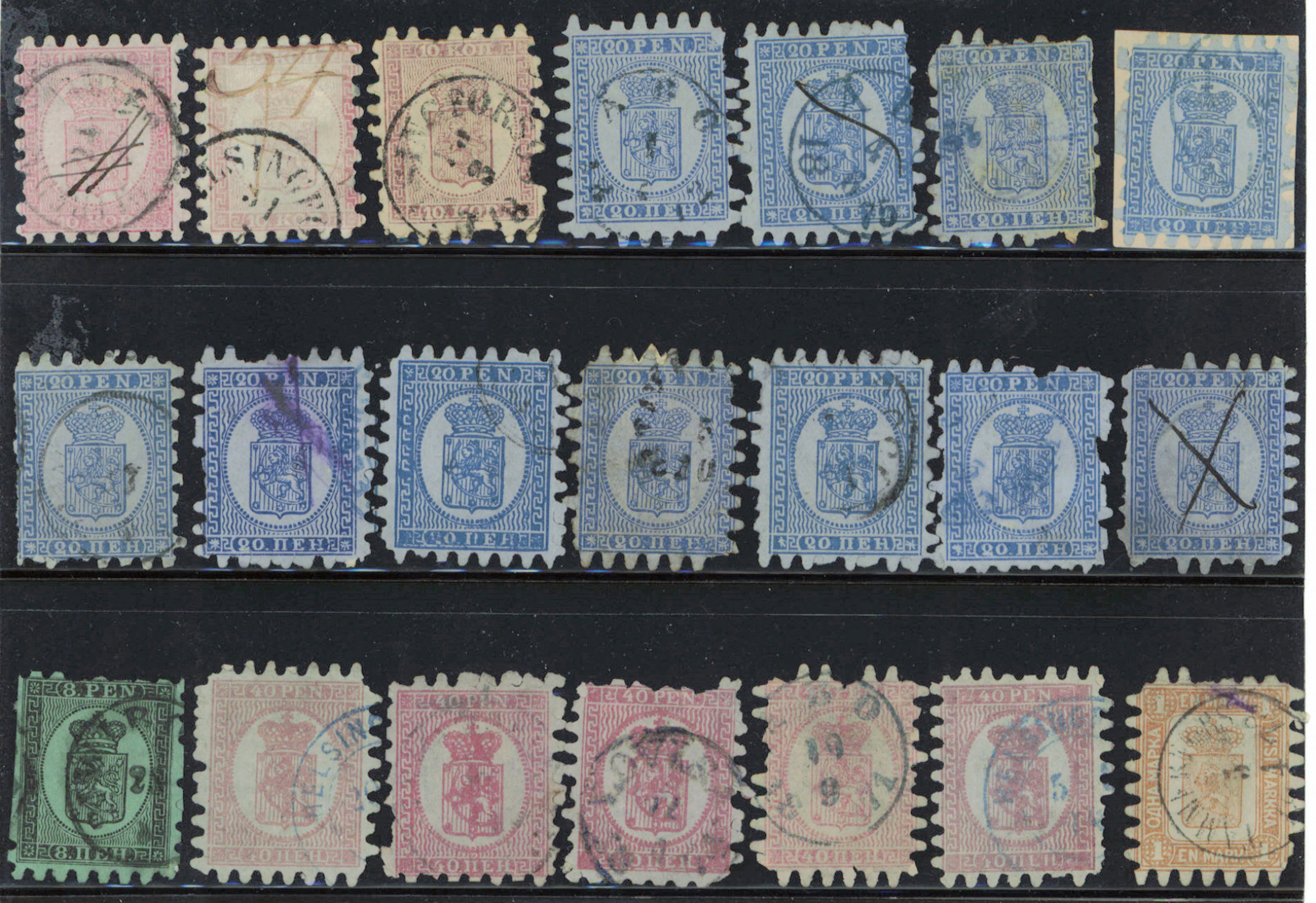1860 - 1866 damaged serpentine rouletted stamps 21 pieces for reference/research