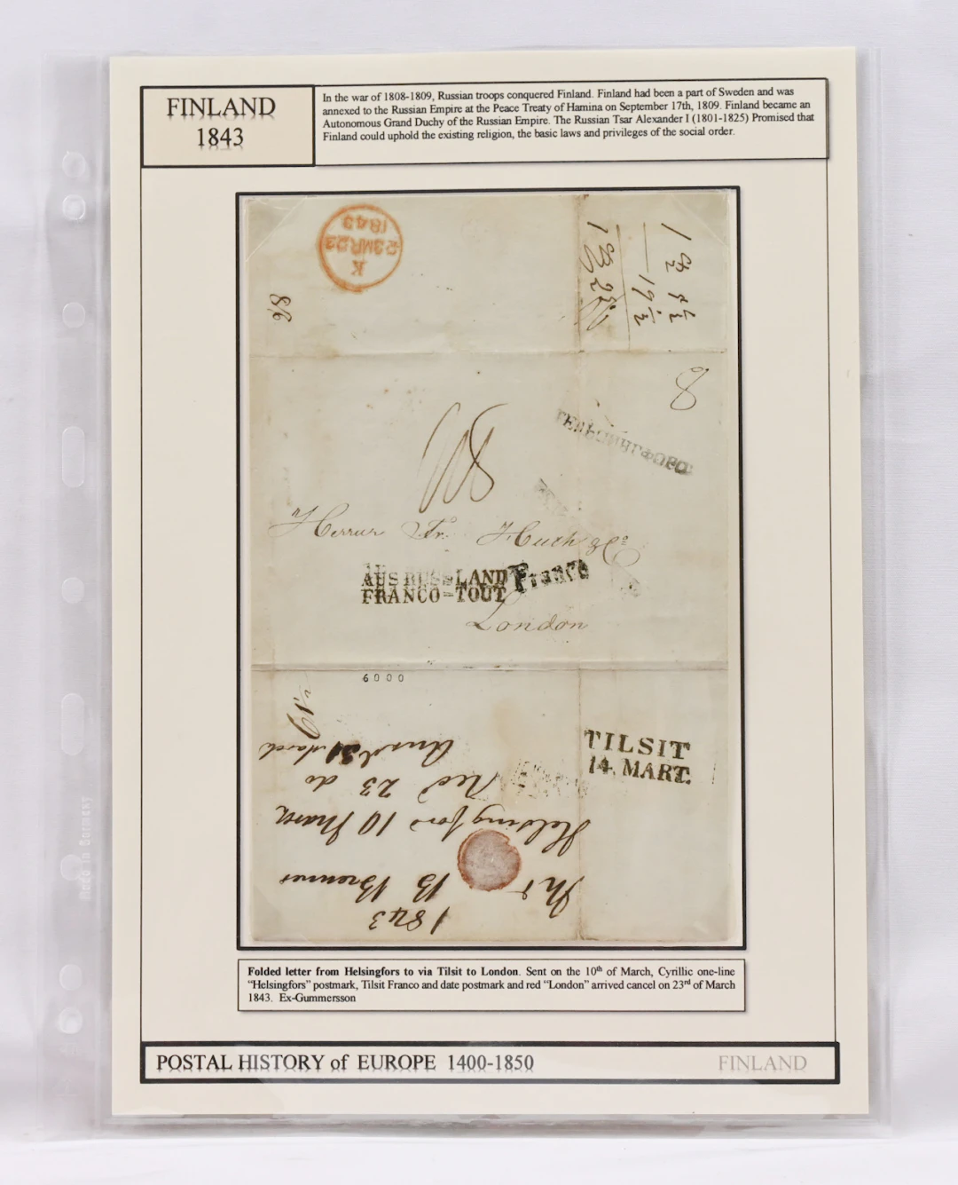 Helsingfors cancellation on a fine letter to England via Tilsit on
