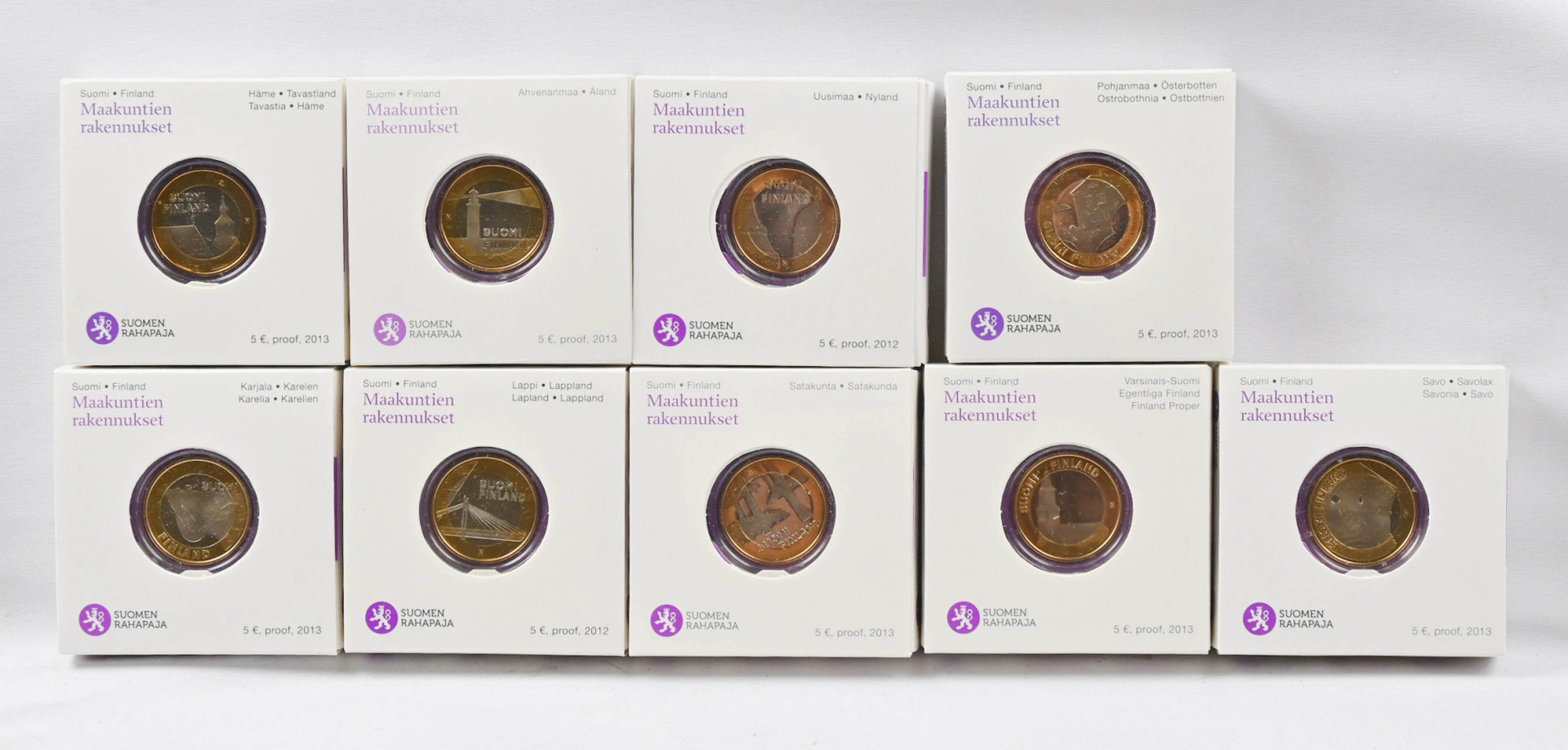 2012 - 13 Provincial buildings 5€ proof coins, nine different