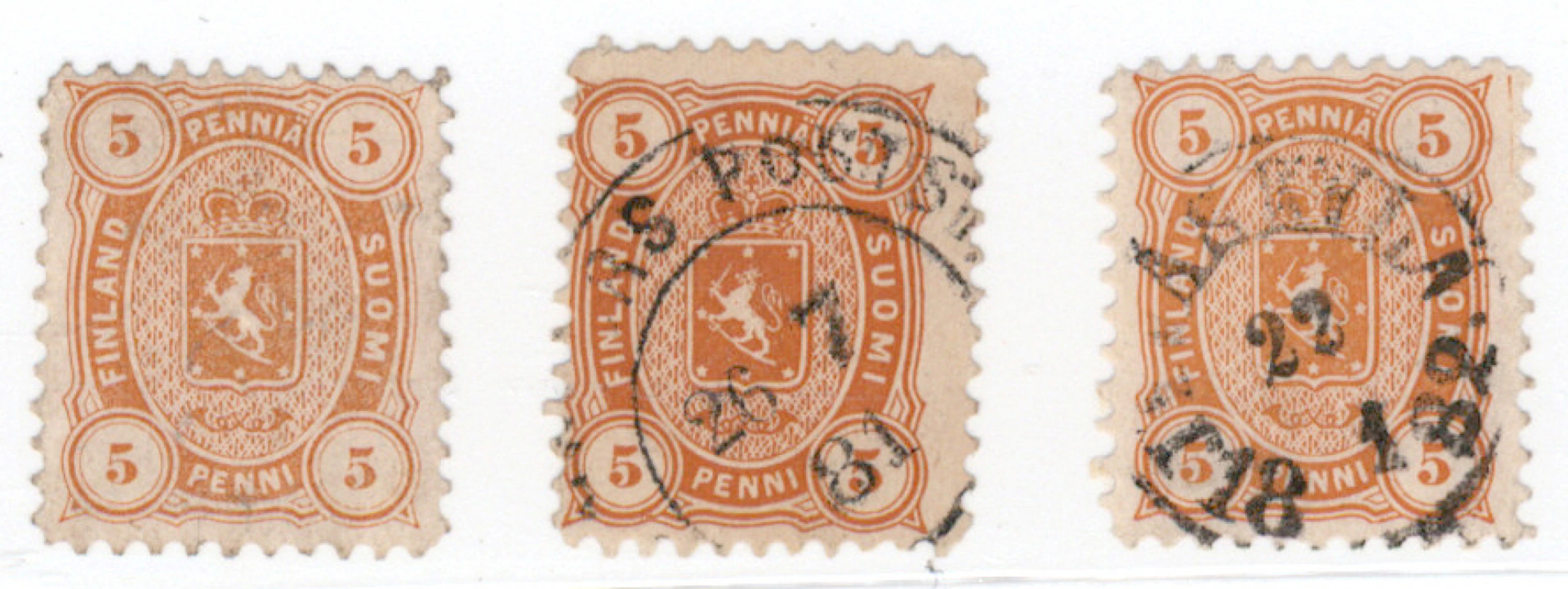 5 penni orange unused without gum (*) and used as well as yellowish