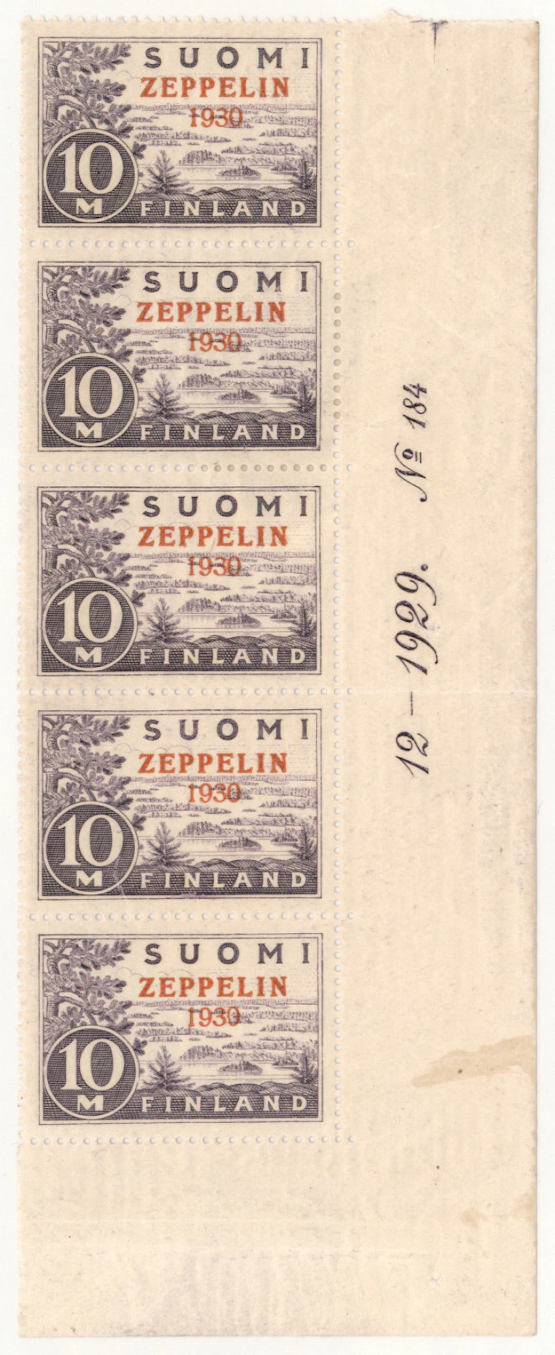 Zeppelin strip of five from sheet corner with plate number, three