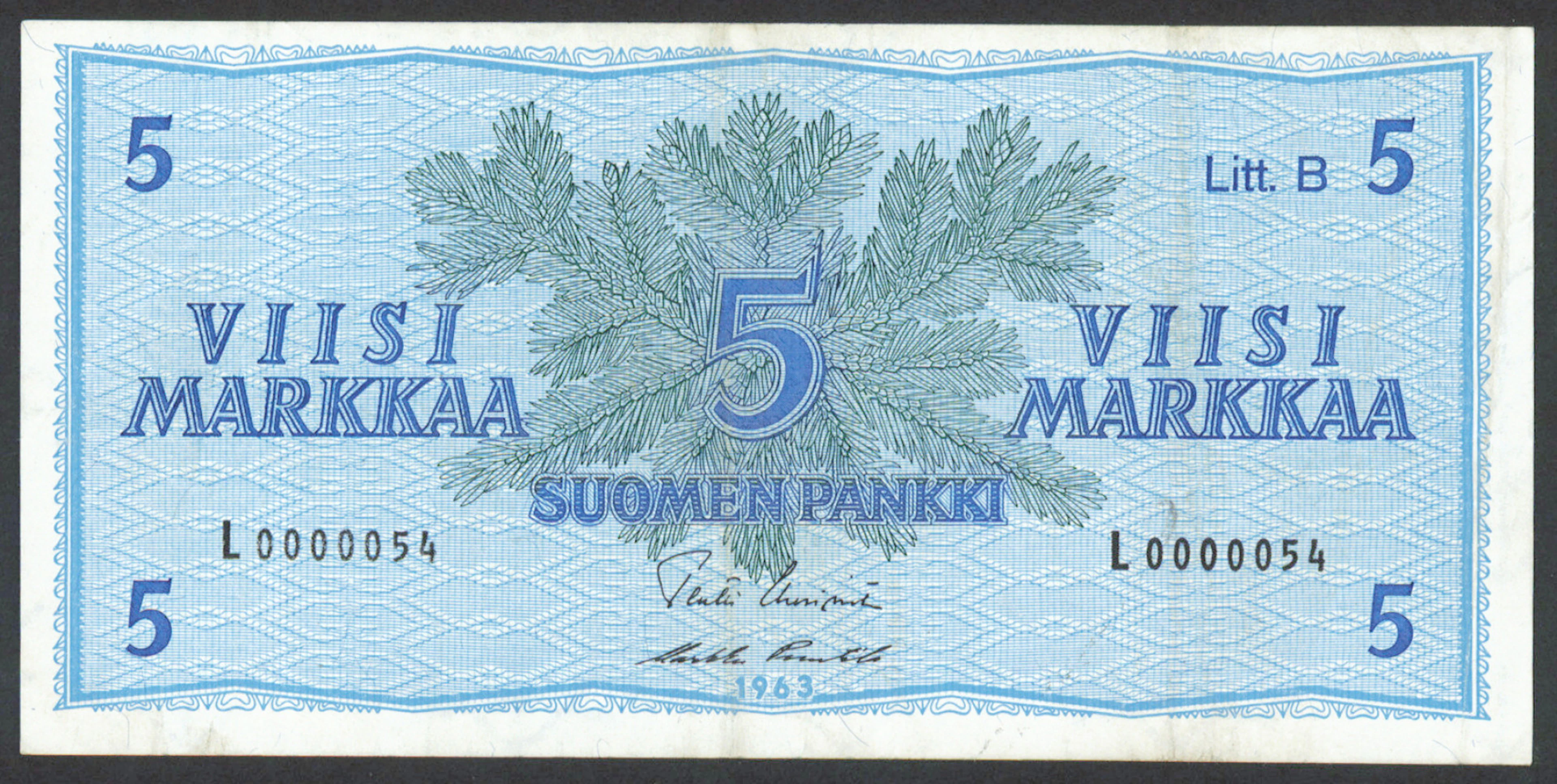 1963 5 markka Litt. B serial number L0000054, condition 1+/1