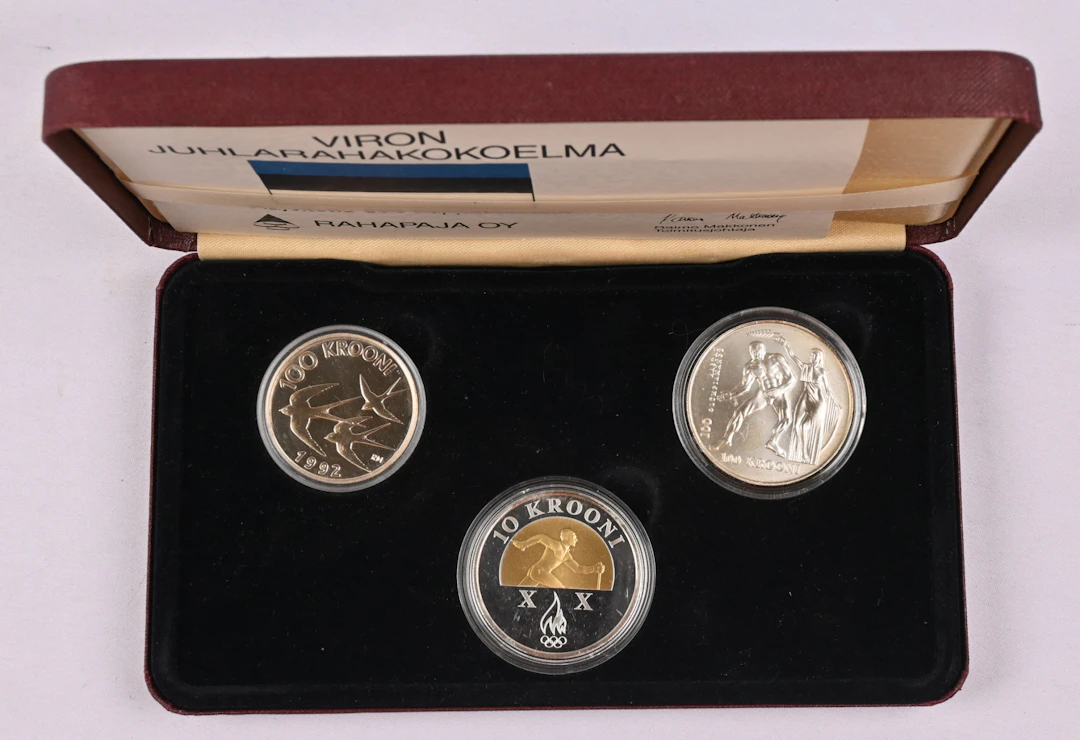 Estonia, assortment of three silver commemorative coins in a box.