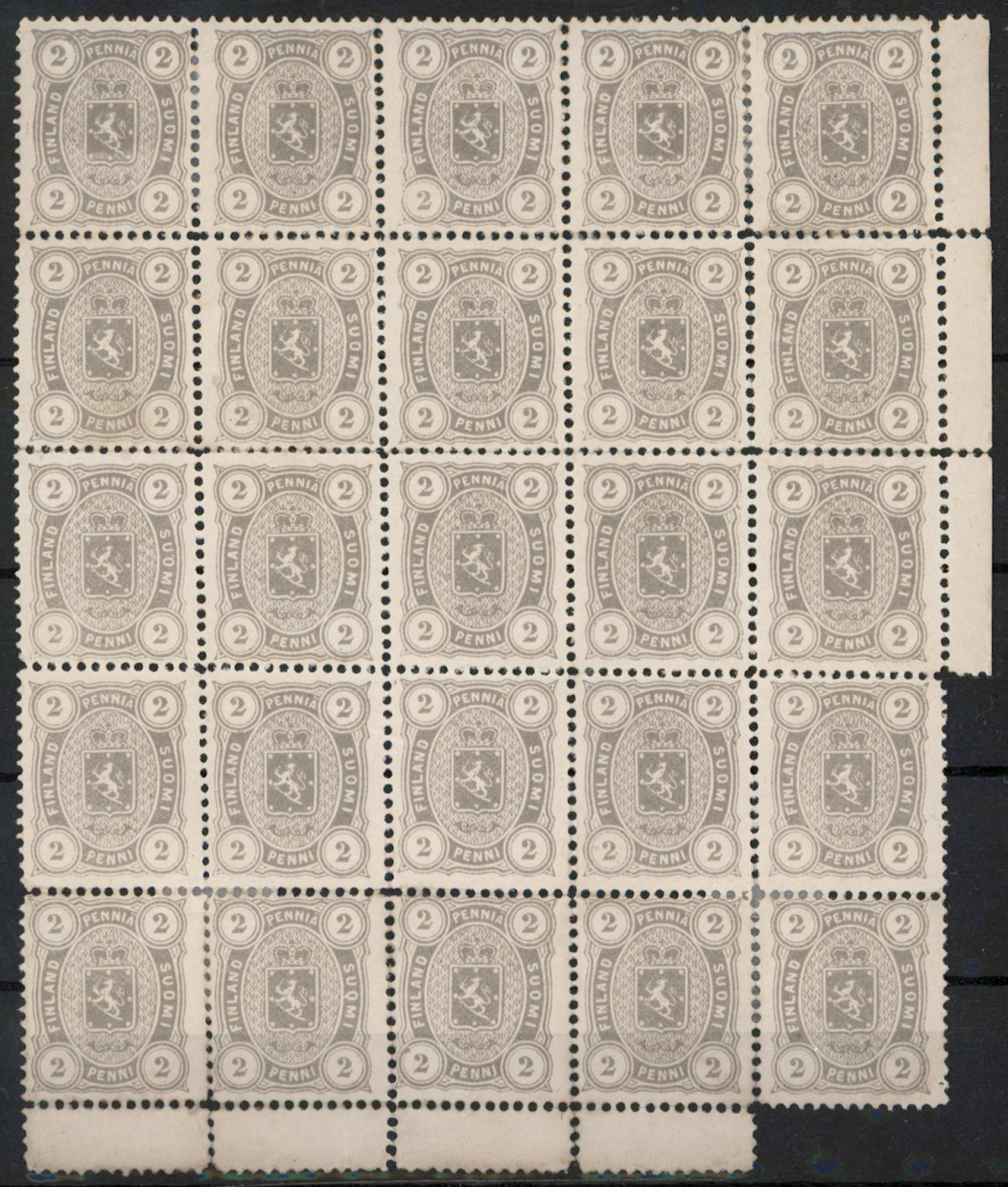 2 penni olive gray fine mint * block of 25 stamps (the upper right