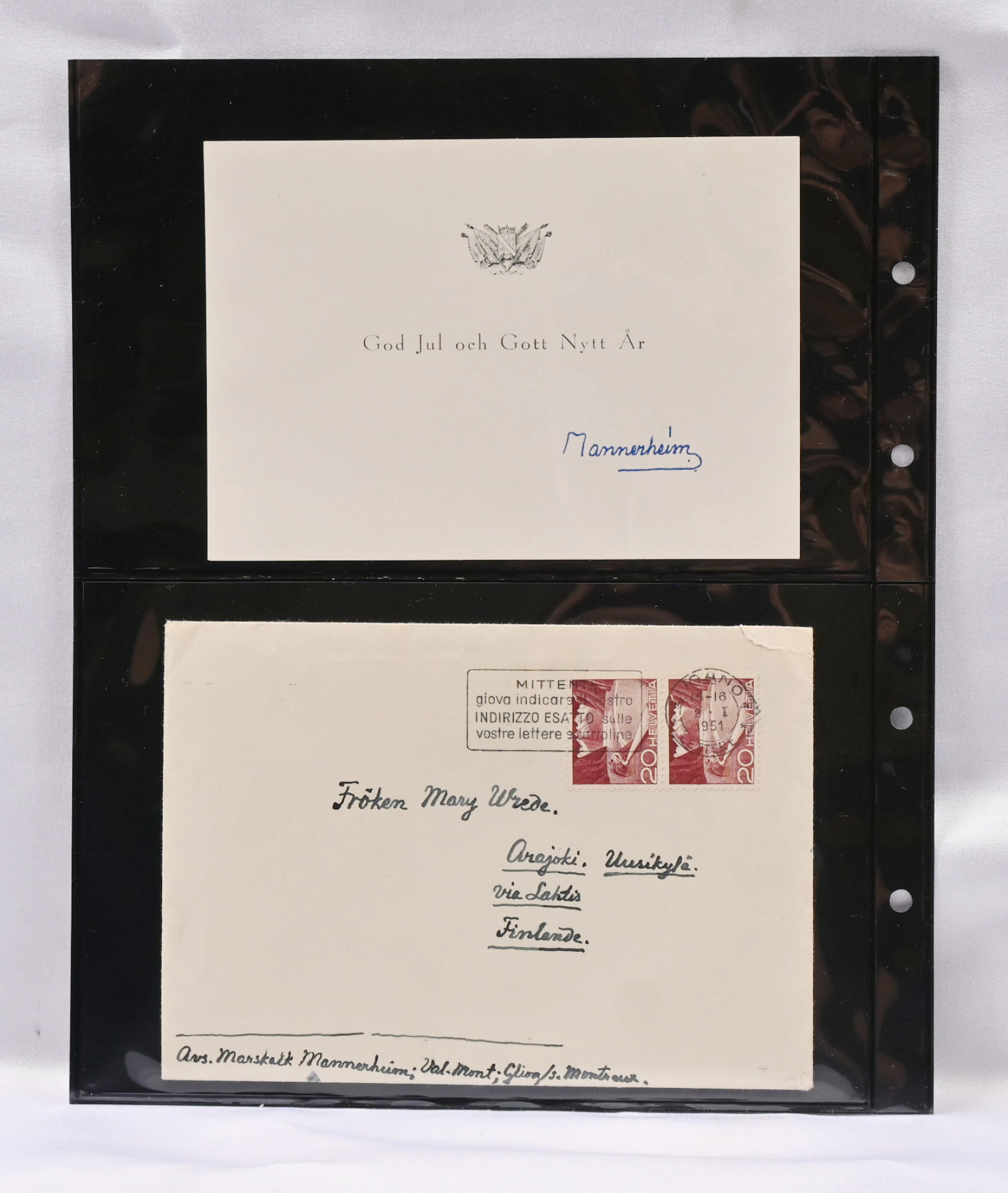 Mannerheim, two signatures. On a letter of thanks 1946 and on a Christmas