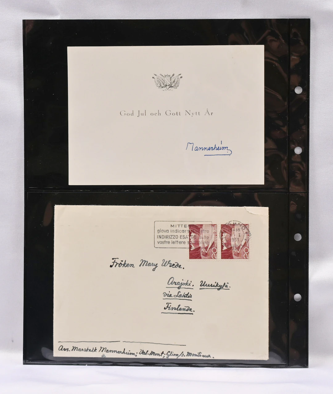 Mannerheim, two signatures. On a letter of thanks 1946 and on a Christmas