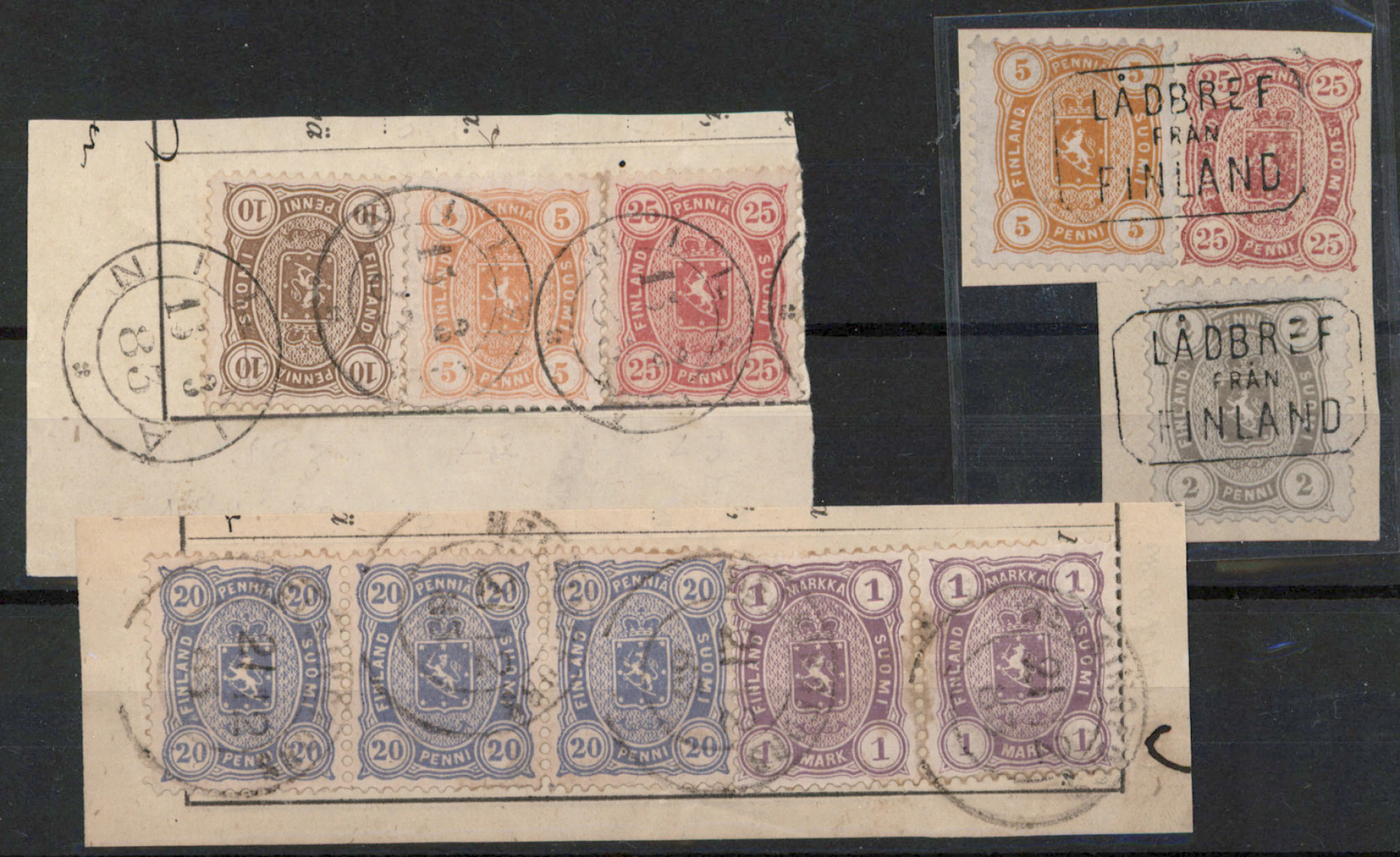 1 markka violet pair etc. on a parcel card fragment Helsingfors 1883