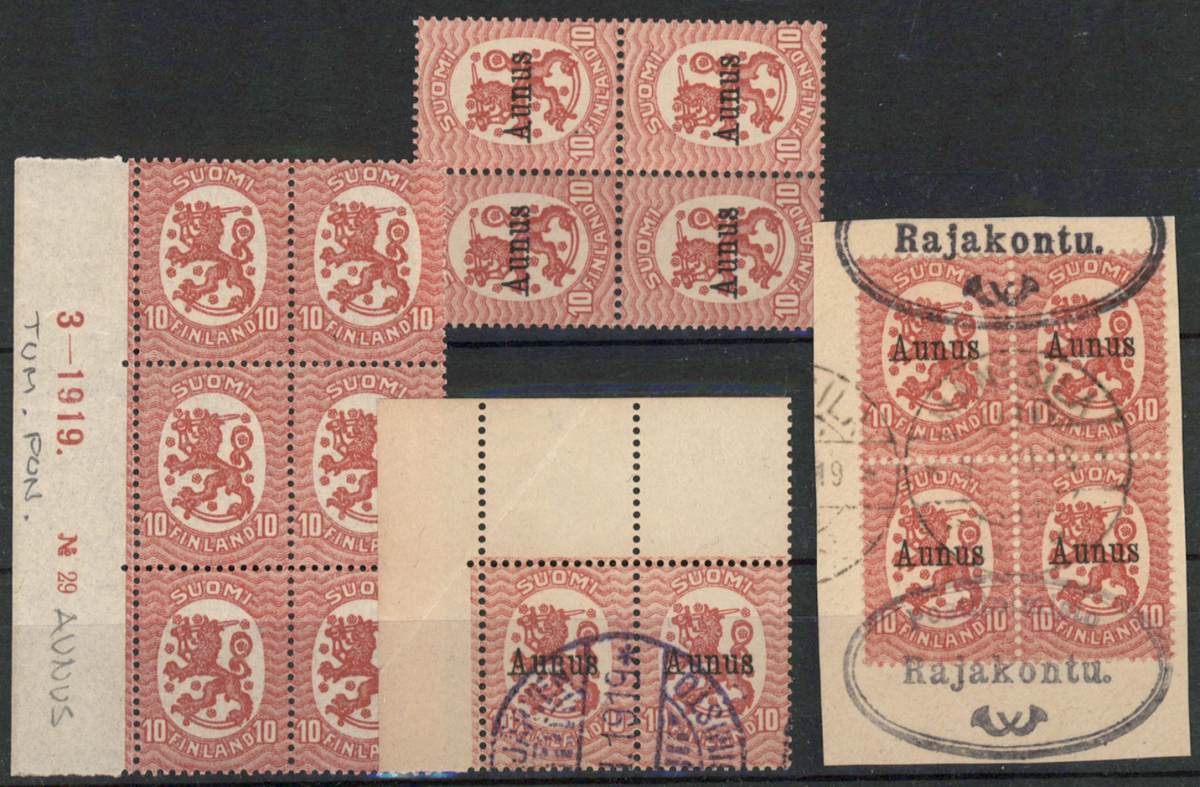 10 penni selection on a stockcard, eg. used block of four and very